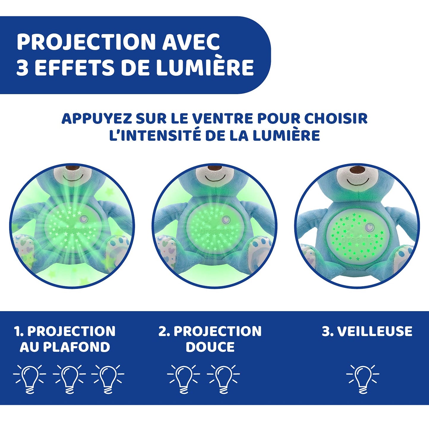 Chicco First Dreams Baby Bear Ours en Peluche Musical, Veilleuse Lumineuse pour Bébés avec Effets Lumineux et Mélodies Relaxantes - Jouets Bébé 0+ Mois - Bleu