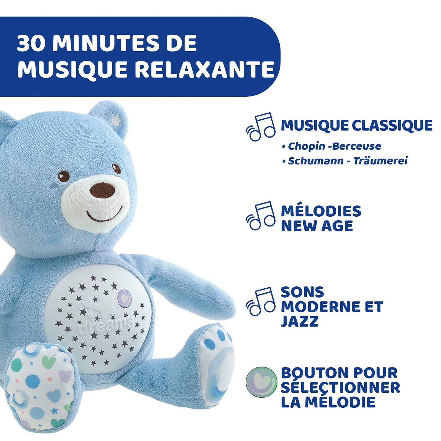 Chicco First Dreams Baby Bear Ours en Peluche Musical, Veilleuse Lumineuse pour Bébés avec Effets Lumineux et Mélodies Relaxantes - Jouets Bébé 0+ Mois - Bleu