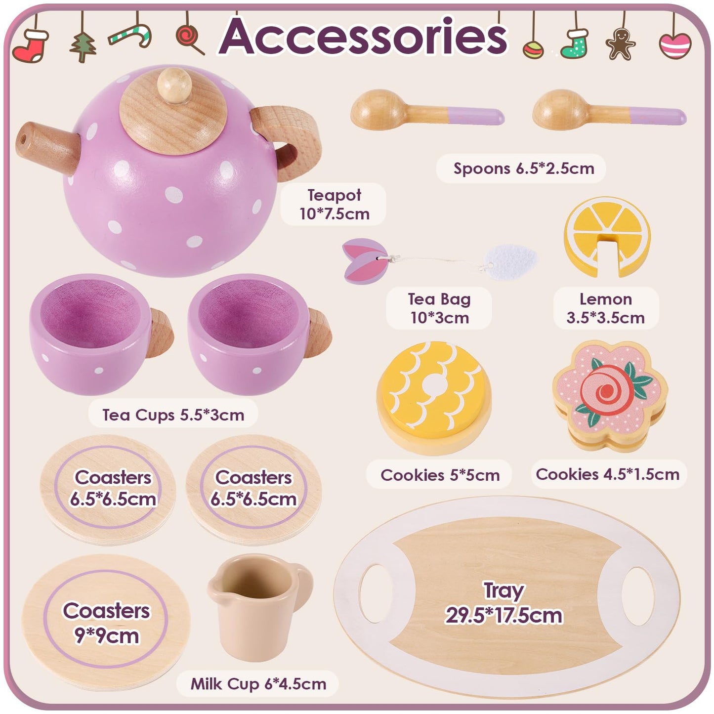 AOLEVA Service à Thé Jouets Cuisine en Bois pour Enfants, Dînette Enfant Cuisine Accessoire ave Plateau Anniversaire Cadeau pour Enfants Filles Garçons 3 4 5 an