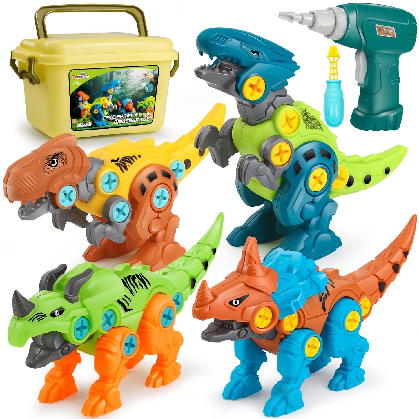 Dreamon Dinosaure Jouet Enfant Garcon 4 5 7 Ans, avec Boîte de Rangement Perceuse Électrique, DIY Construction Puzzle Jouet Cadeau pour Garçons Filles