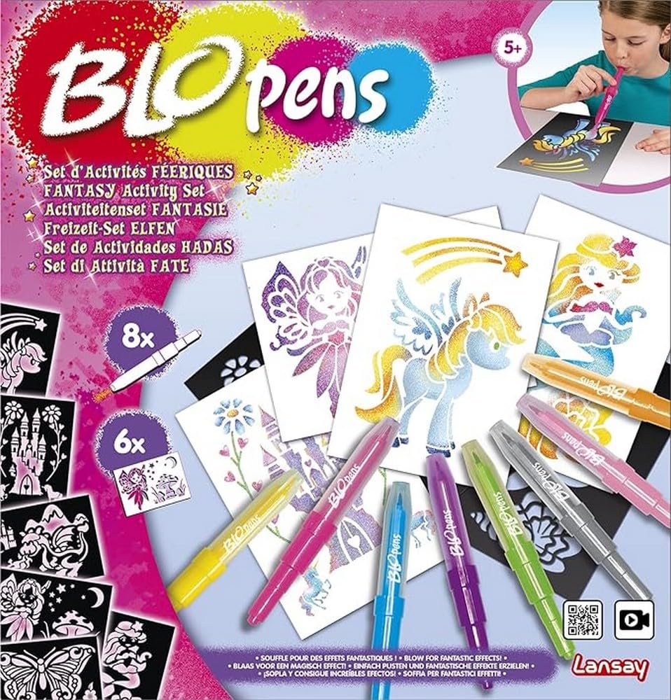 BLOPENS - Set Activités Féeriques - Feutres de Coloriage À Souffler Avec Pochoirs Réutilisables - Idée Cadeau Enfants dès 5 Ans - Kit Création Dessins Fées, Licornes & Sirènes Pailletées - Lansay