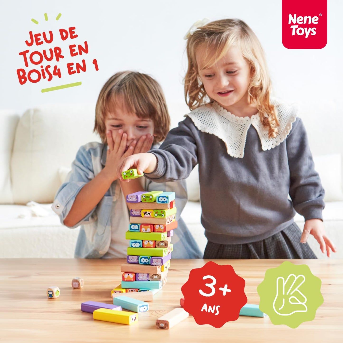 Nene Toys Tour 4 en 1 en Bois avec des Couleurs et Animaux - Jeu de Société Educatif pour Garçons et Filles De 3 à 9 Ans - Idéal comme Cadeau à Partager Entre Parents et Enfants