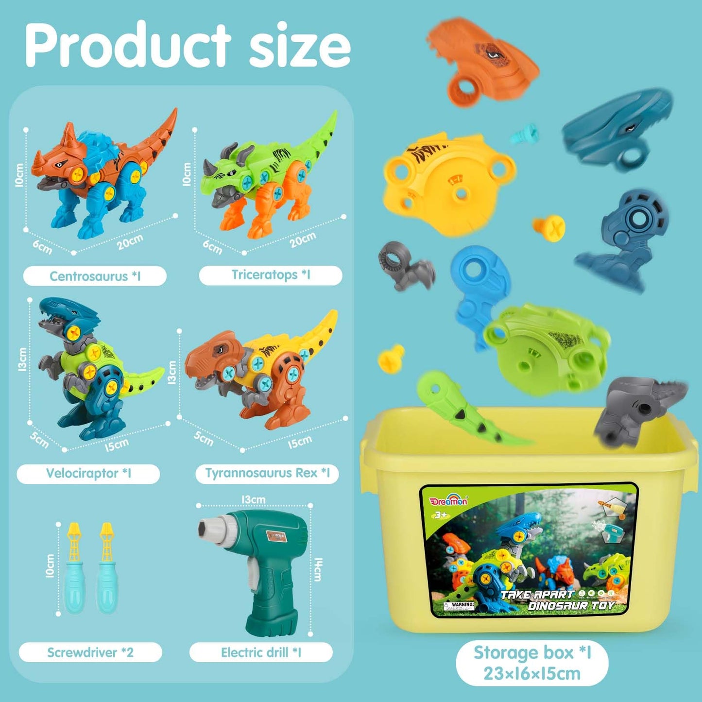 Dreamon Dinosaure Jouet Enfant Garcon 4 5 7 Ans, avec Boîte de Rangement Perceuse Électrique, DIY Construction Puzzle Jouet Cadeau pour Garçons Filles