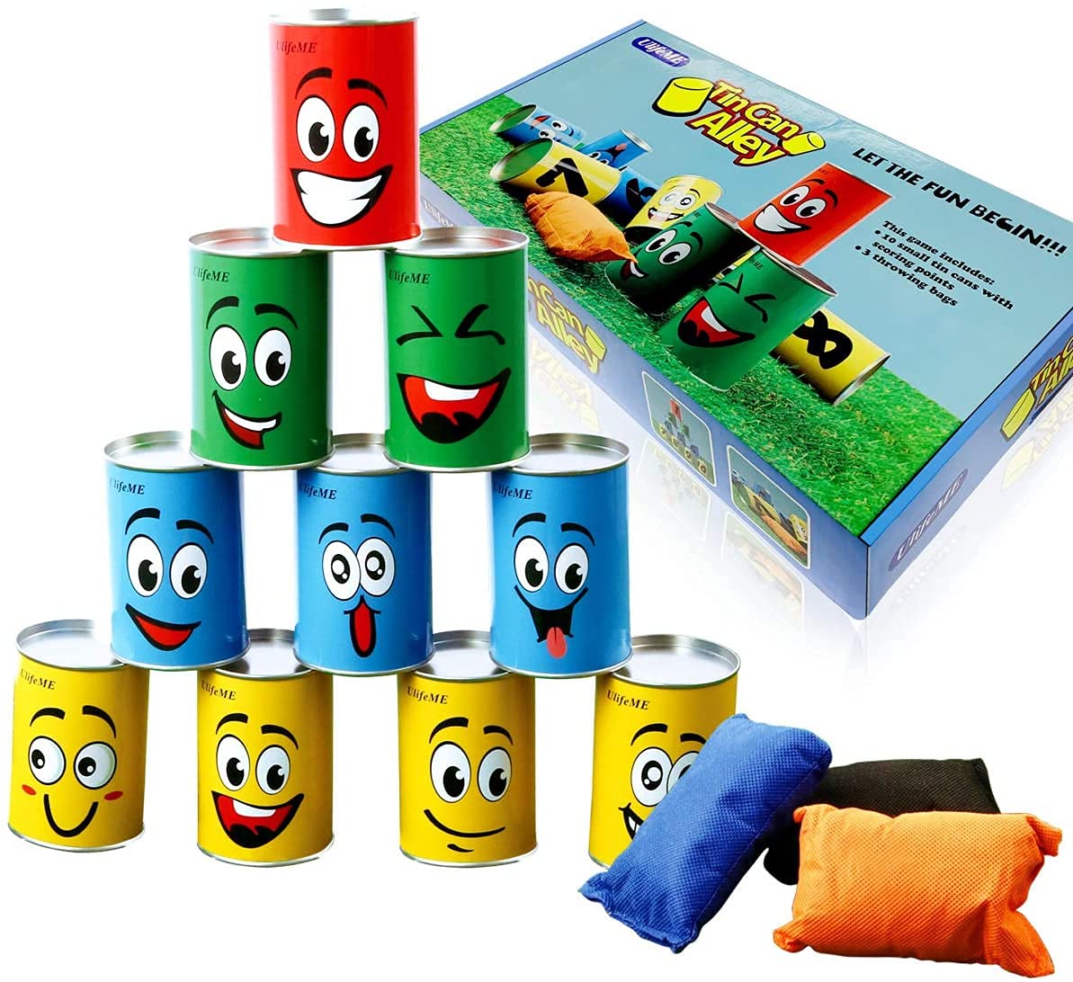 Ulifeme Chamboule Tout, Jeux de Plein Air pour Enfant et Adulte, Jeux Exterieur avec 10pcs Sourire Boite de Conserve Metal + 3pcs Sacs de Fèves, Jeux de Lancer Cadeau for Enfants Anniversaire et Fête