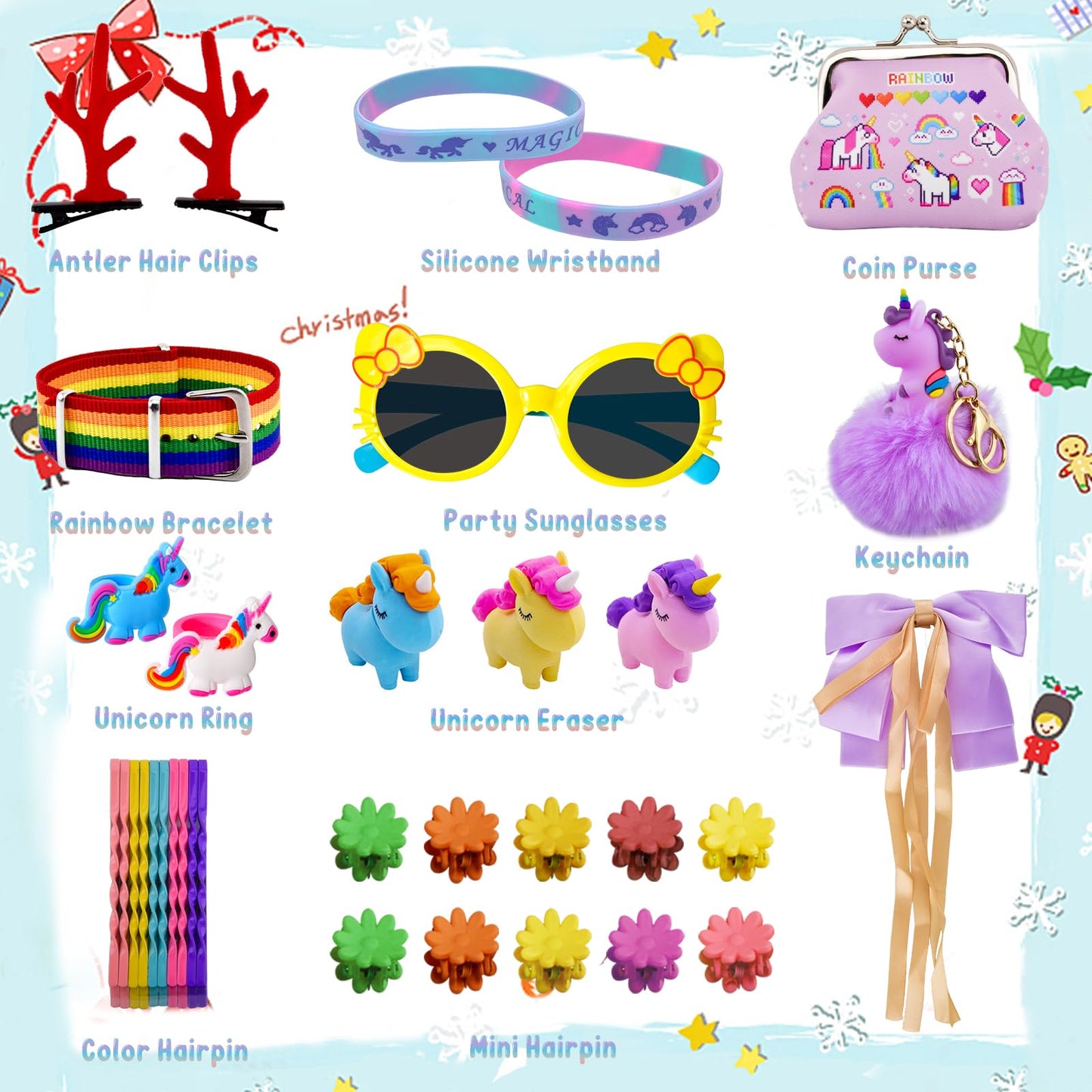 Calendrier de l'Avent de Noël 2024 pour filles, compte à rebours de Noël, bijoux, jouets, cadeaux de Noël pour enfants, filles, y compris accessoires à cheveux, bijoux, pinces à cheveux, bracelets