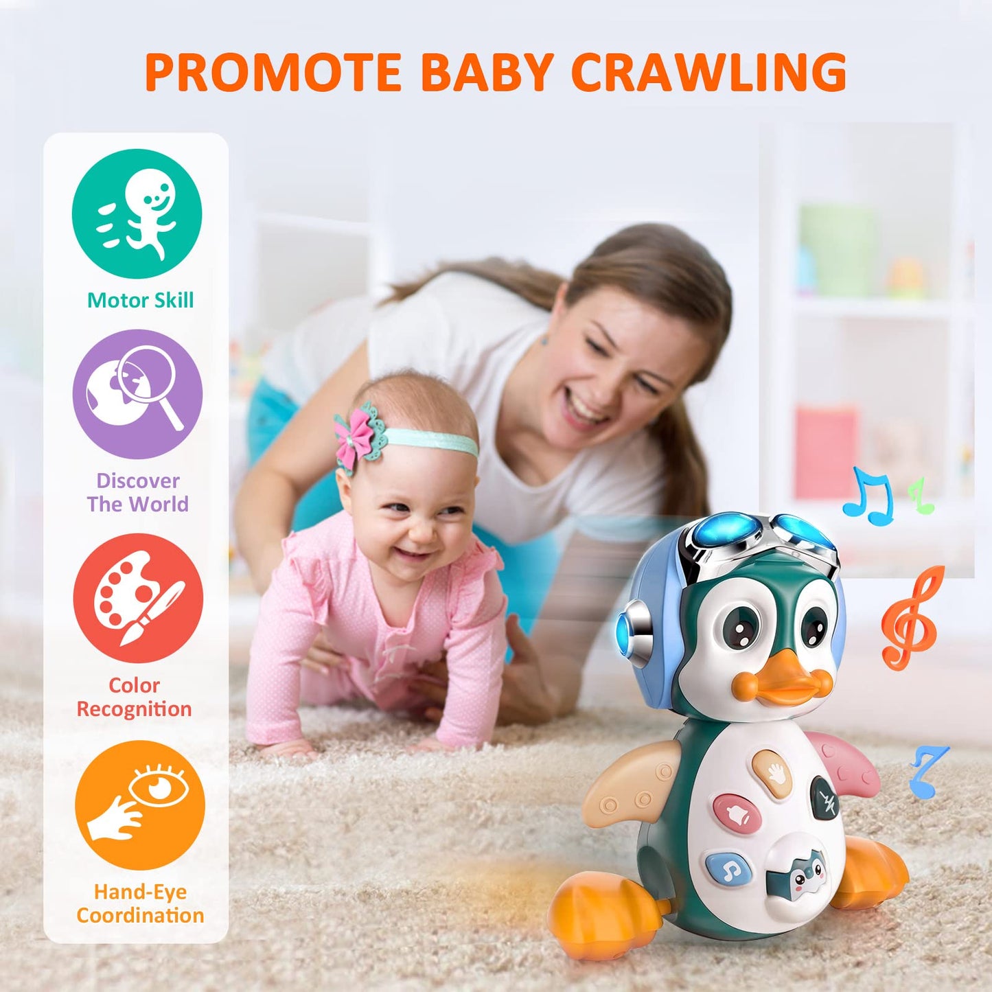 MOONTOY Jouet Musical Enfant 1 an, Rampants avec Musique et lumières,Jouet pour Bébé Pingouin 6-12 Mois, Jouet éducatif d’éveil pour Garçon Fille,Cadeaux Jouet Précoces 6 9 12 24 Mois