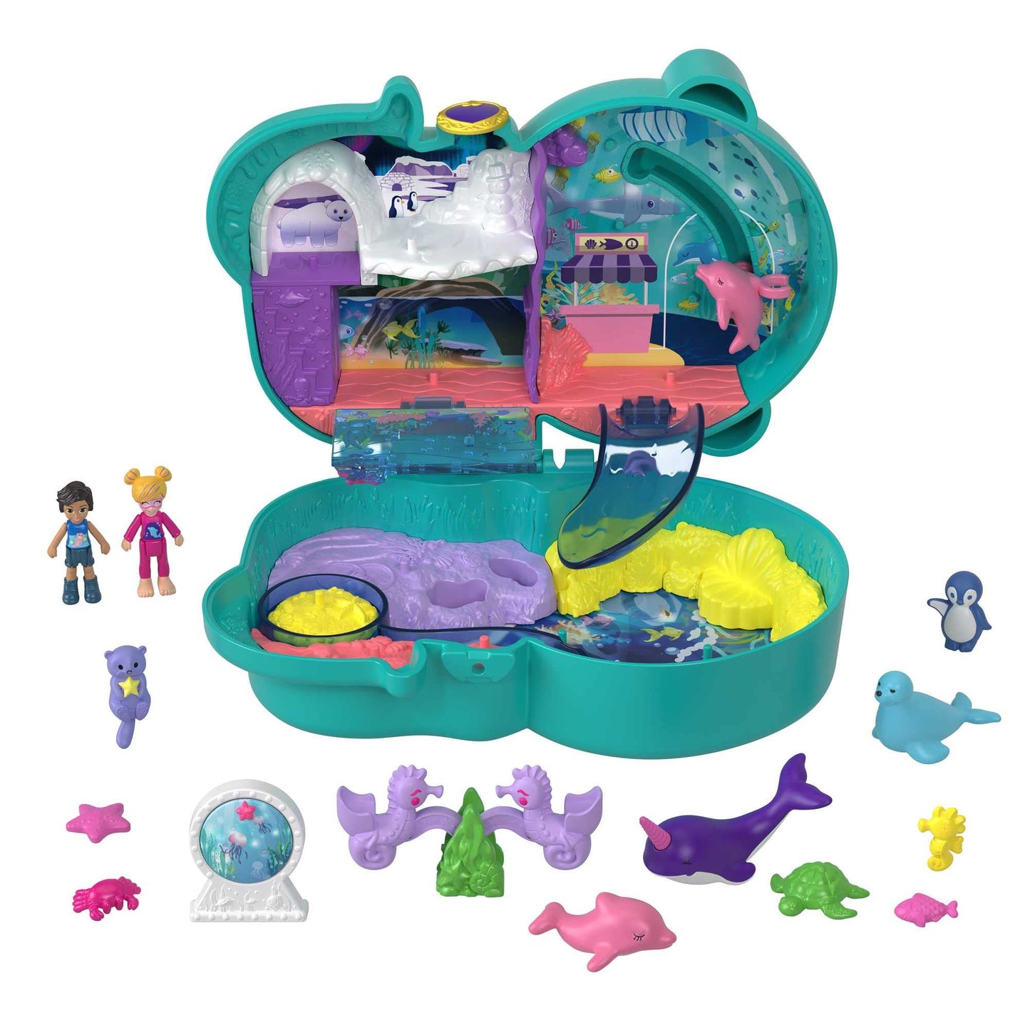 Polly Pocket Coffret Loutre Aquatique, thème Aquarium, avec Mini-Figurines Polly et Nicolas, 5 Surprises, 12 Accessoires, Jouet pour Enfant, HCG16