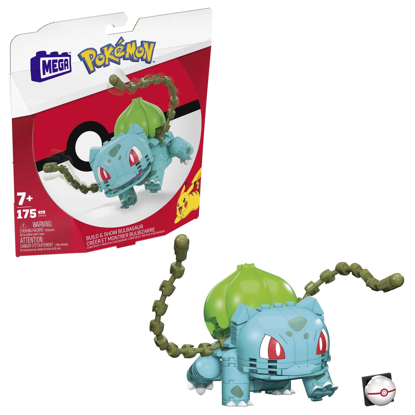 MEGA Construx Pokemon Pikachu à Construire, Jeu de Briques de Construction, 211 pièces & Pokémon Figurine Action Bulbizarre 12 cm, Jeu De Briques De Construction pour Enfants Et Adulte
