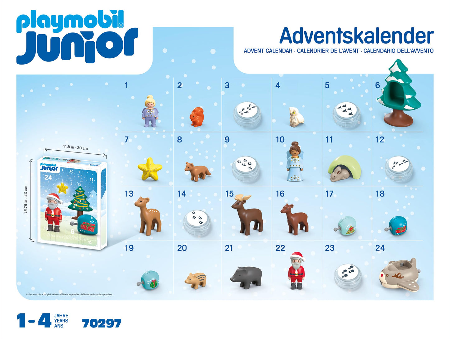 Playmobil 70297 Junior : Calendrier de l'Avent Junior Père Noël et Animaux de la forêt - avec 24 Portes excitantes - Jouet fabriqué à partir de matière d'origine végétale - Dès 12 Mois