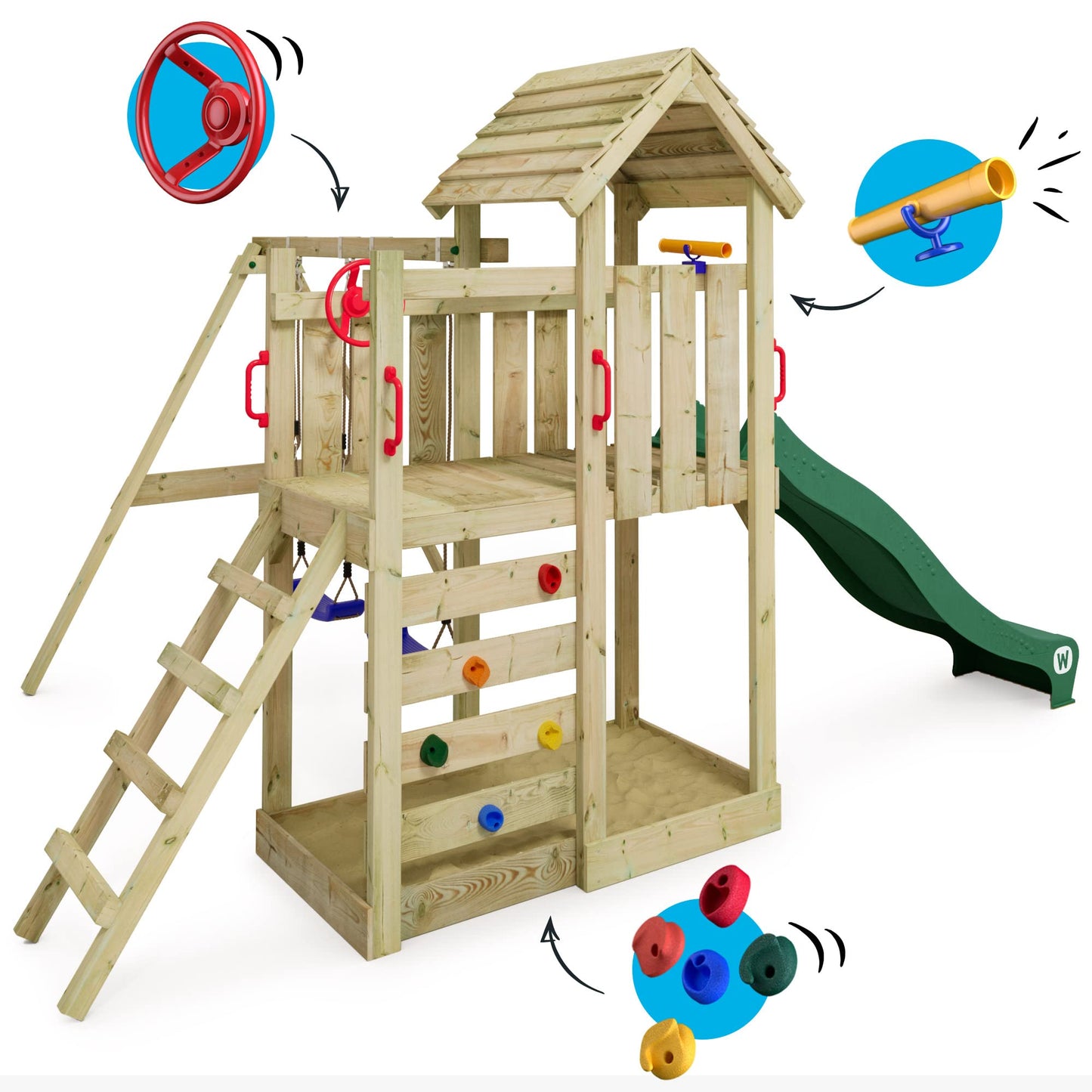 WICKEY Aire de Jeux MultiFlyer portique avec Toit en Bois & balançoire et Toboggan Vert, Tour d'escalade pour Enfants avec bac à Sable, échelle et Accessoires de Jeu pour Le Jardin.
