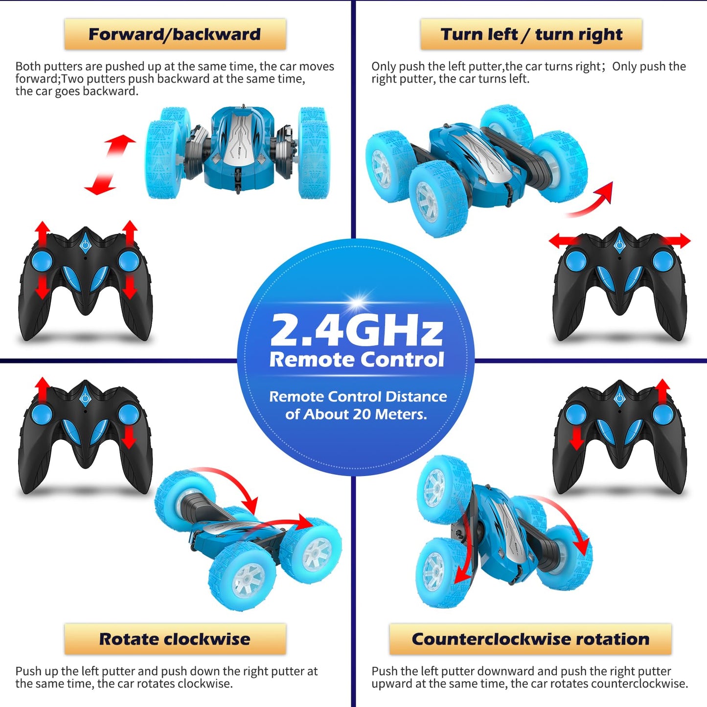Rodzon Voiture Télécommandée Enfant, 360°Rotation Camion Cascadeuse avec Feux de Roue, 2.4GHz RC Voiture Radiocommandee Jeux Extérieur Jouet Cadeau pour Garçon Fille 3-12 Ans, 2 x Batterie (Bleu)