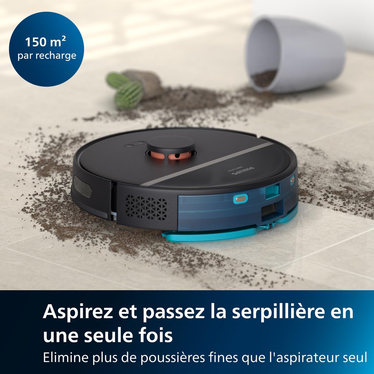 Philips Robot Aspiration/Lavage Homerun Série 3000, Haute Puissance d'aspiration (4000 Pa), Navigation Laser, Autonomie 200 Min, Station de vidage Auto, Aspirateur-Robot, App, Noir (XU3100/01)