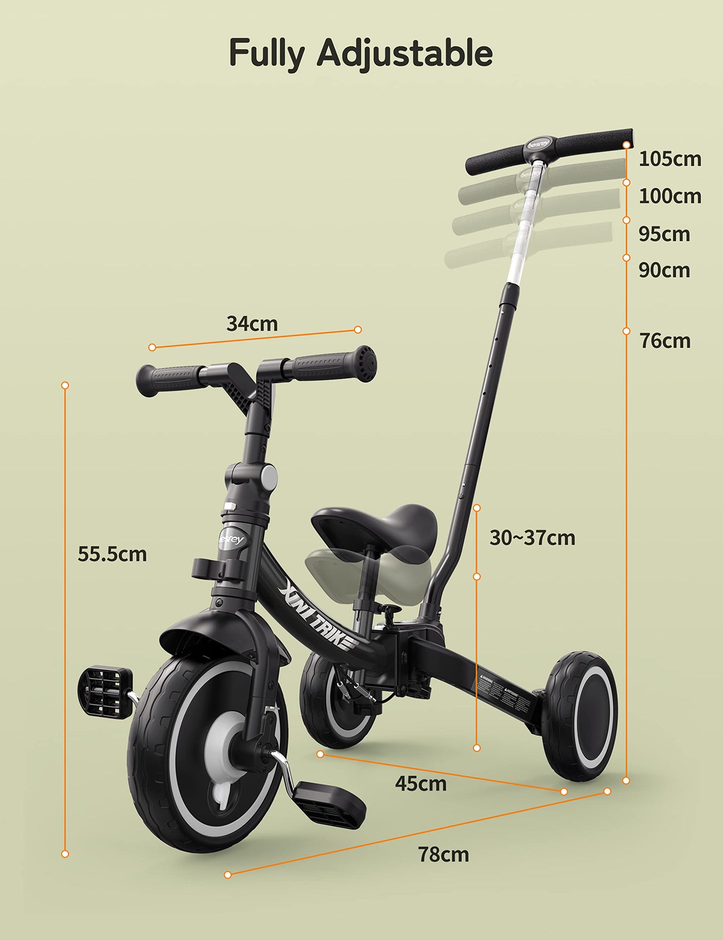 besrey Tricycle 7 en 1 pour Tout-Petits avec poignée de Direction pour 1 à 5 Ans, Tricycle Pliable pour Enfants,Vélo Draisienne,Vélo sans Pédale,Noir