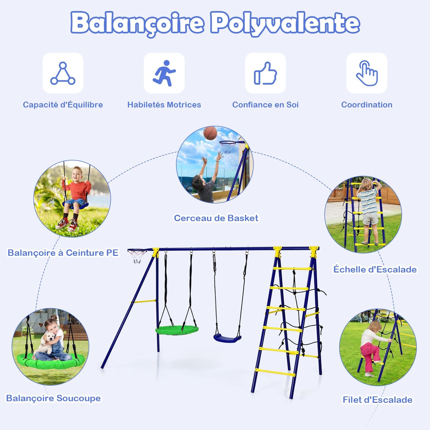 COSTWAY 5 en 1 Balançoire Enfants Extérieur avec Panier de Basket, Balançoire Nid d'Oiseau Ø66 cm et en U avec Hauteur Réglable, Filet & Echelle d’Escalade, Charge 75kg pour 3-12 Ans