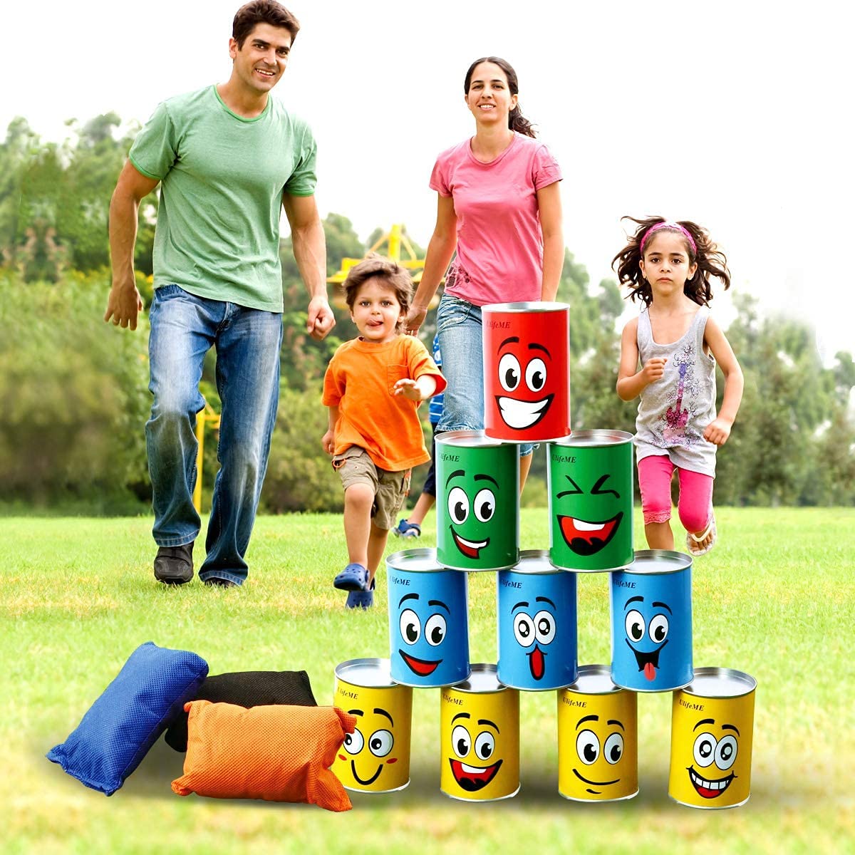 Ulifeme Chamboule Tout, Jeux de Plein Air pour Enfant et Adulte, Jeux Exterieur avec 10pcs Sourire Boite de Conserve Metal + 3pcs Sacs de Fèves, Jeux de Lancer Cadeau for Enfants Anniversaire et Fête