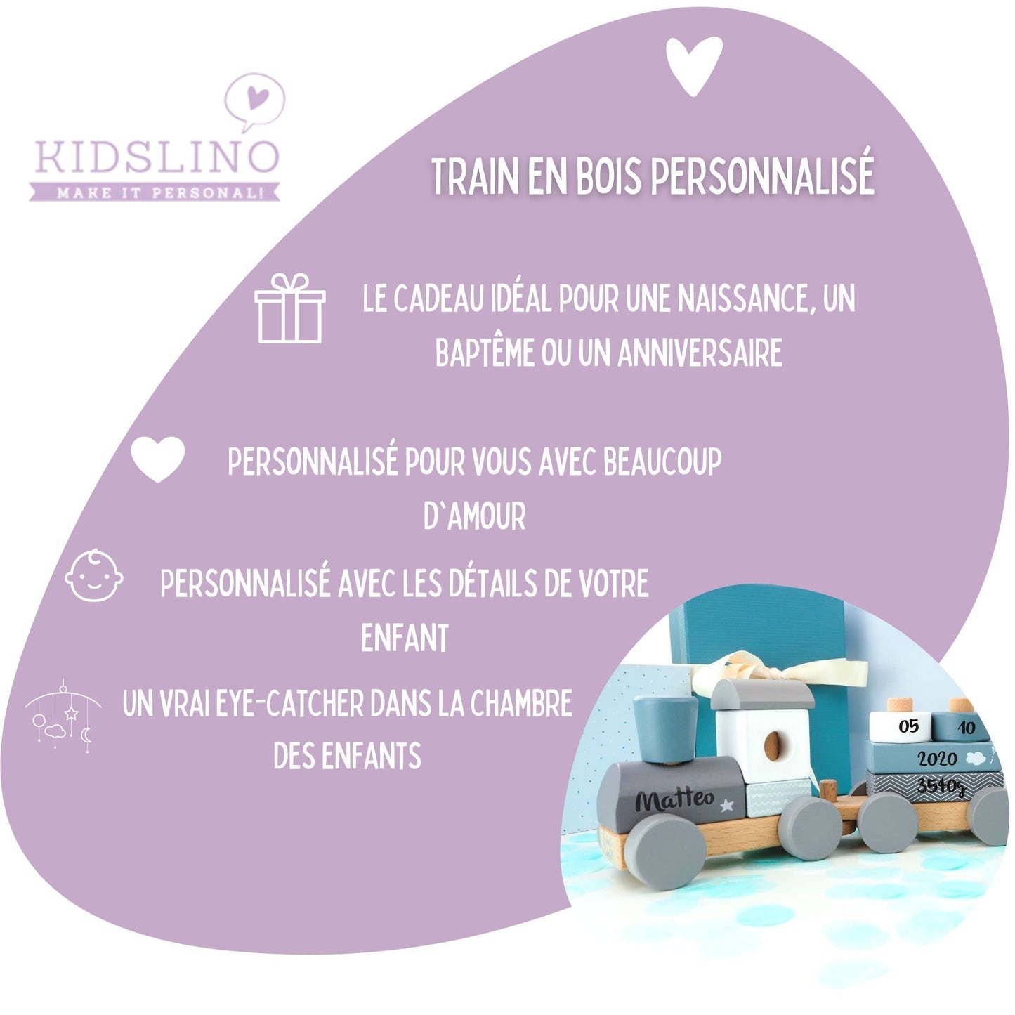 Train en Bois de Couleur Bleue - Personnalisable I Cadeau de Naissance pour garçon I Jouet en Bois Fait à la Main avec Formes à emboîter I Cadeau personnalisé pour bébé
