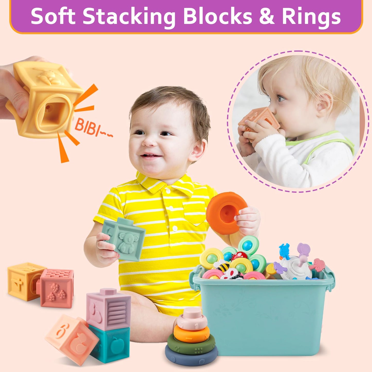 Weilim Jouets Bébés pour 6 à 12 Mois, Montessori Jeux Bébé Eveil, Jouets sensoriels, 6 en 1 avec Bebe Cube d'activité, œufs à associer, Jouet à Ventouse à Rotation (6 in 1)