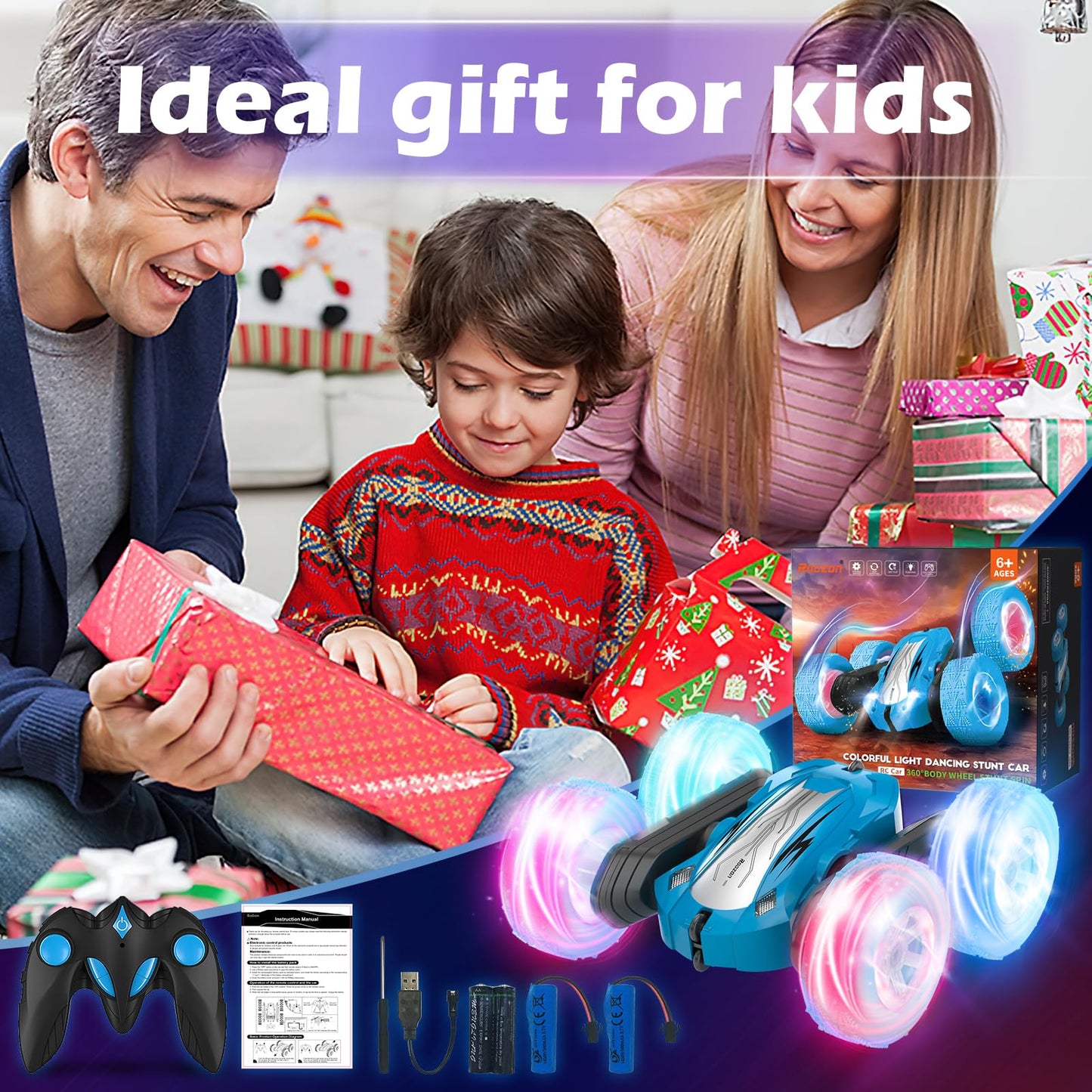 Rodzon Voiture Télécommandée Enfant, 360°Rotation Camion Cascadeuse avec Feux de Roue, 2.4GHz RC Voiture Radiocommandee Jeux Extérieur Jouet Cadeau pour Garçon Fille 3-12 Ans, 2 x Batterie (Bleu)
