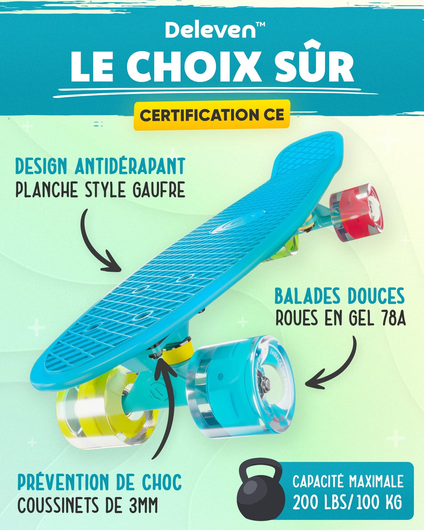 Deleven Skateboard 56cm avec Roues LED, Outil de Skate et Roulements ABEC 7 - pour Enfants Débutants Filles Garçons Adolescents Adultes