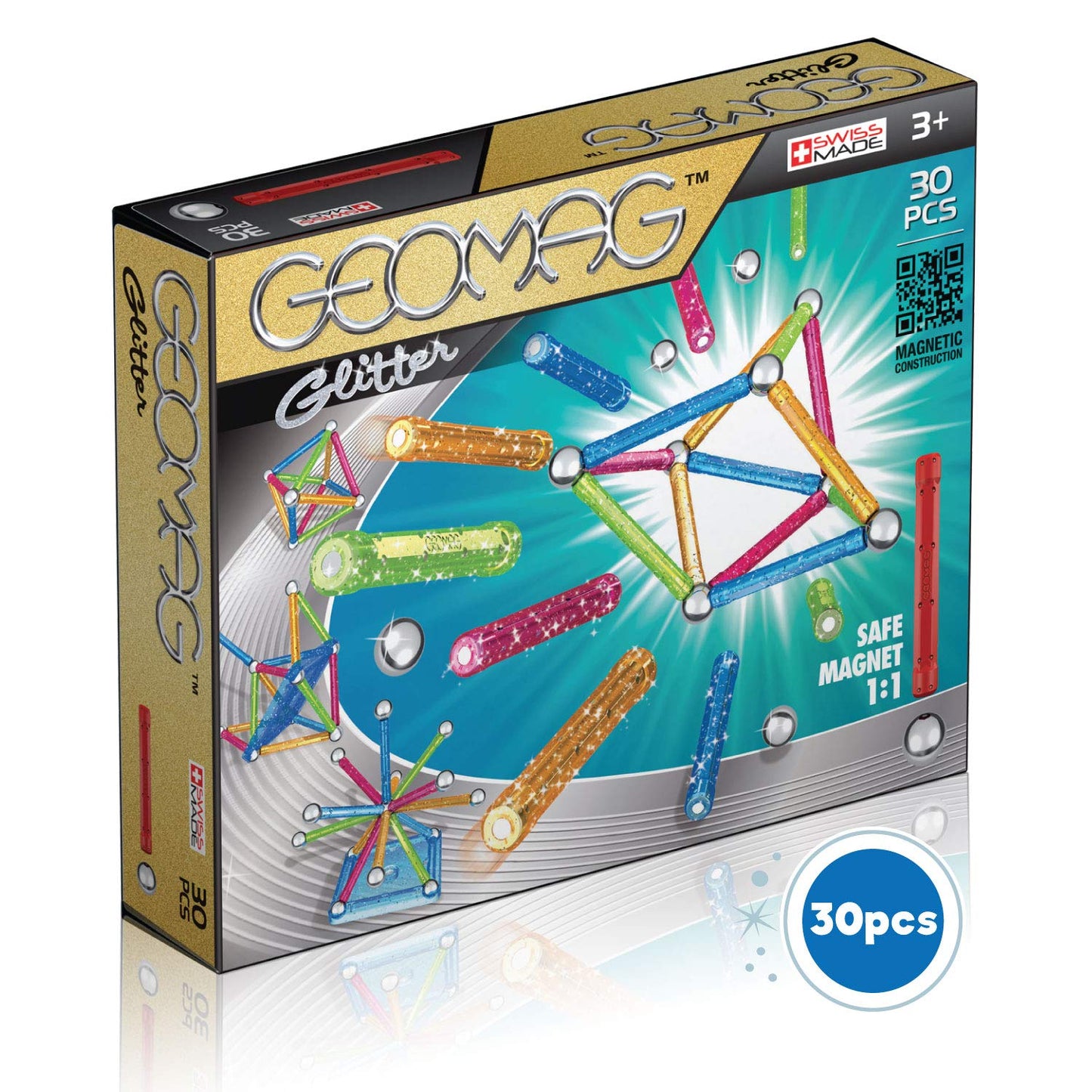 GEOMAG - CLASSIC GLITTER 30 Pièces - Jeu Construction Magnétique Pailleté pour Enfants dès 3-4 Ans- Fabrication Suisse - 13 Tiges Colorées à Paillettes, 16 Billes, 1 Base Construction -Jeux Aimanté