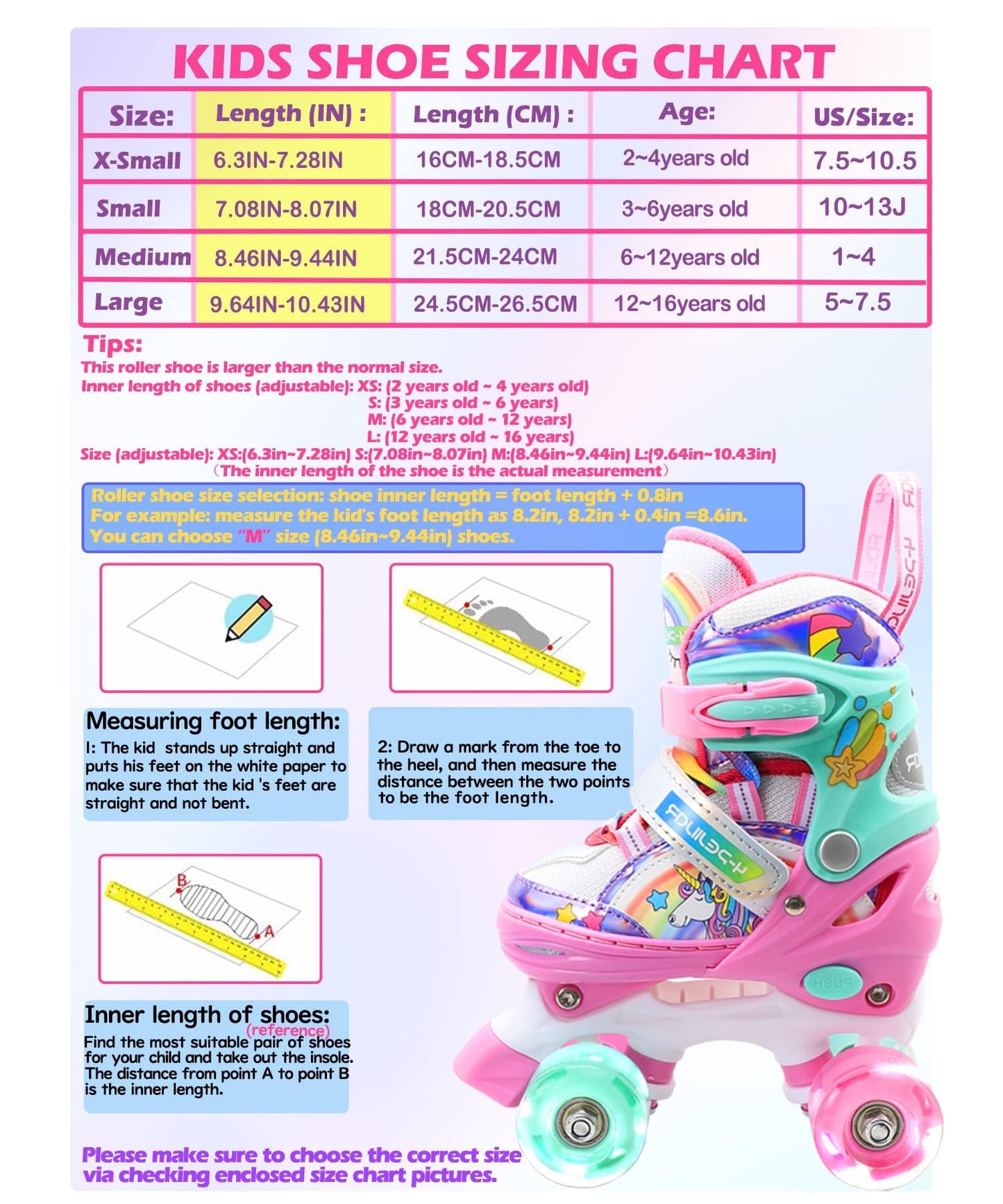 Patins à roulettes Licorne Enfants Rollers Quad Réglable Patins à roulettes Lumineux Taille Réglable pour Filles Garçons Débutants