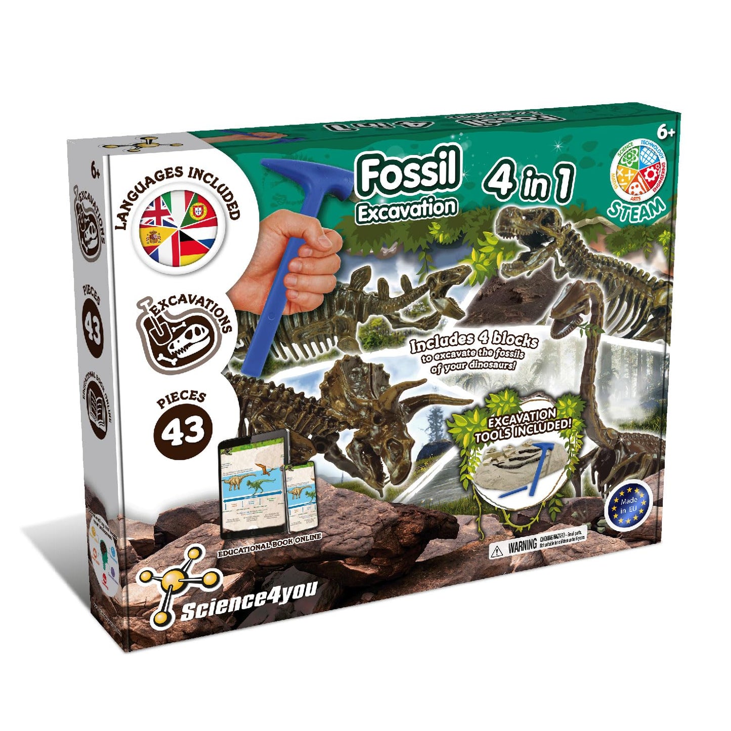 Science4you - Kit de Fouille de Fossiles 4 en 1 pour Enfants 5 6 7 8 9 10 Ans - Excaver et Assembler 4 Dinosaures: T-Rex, Triceratops, Velociraptor et Stegosaurus - Jouet Idéal pour Filles et Garçons