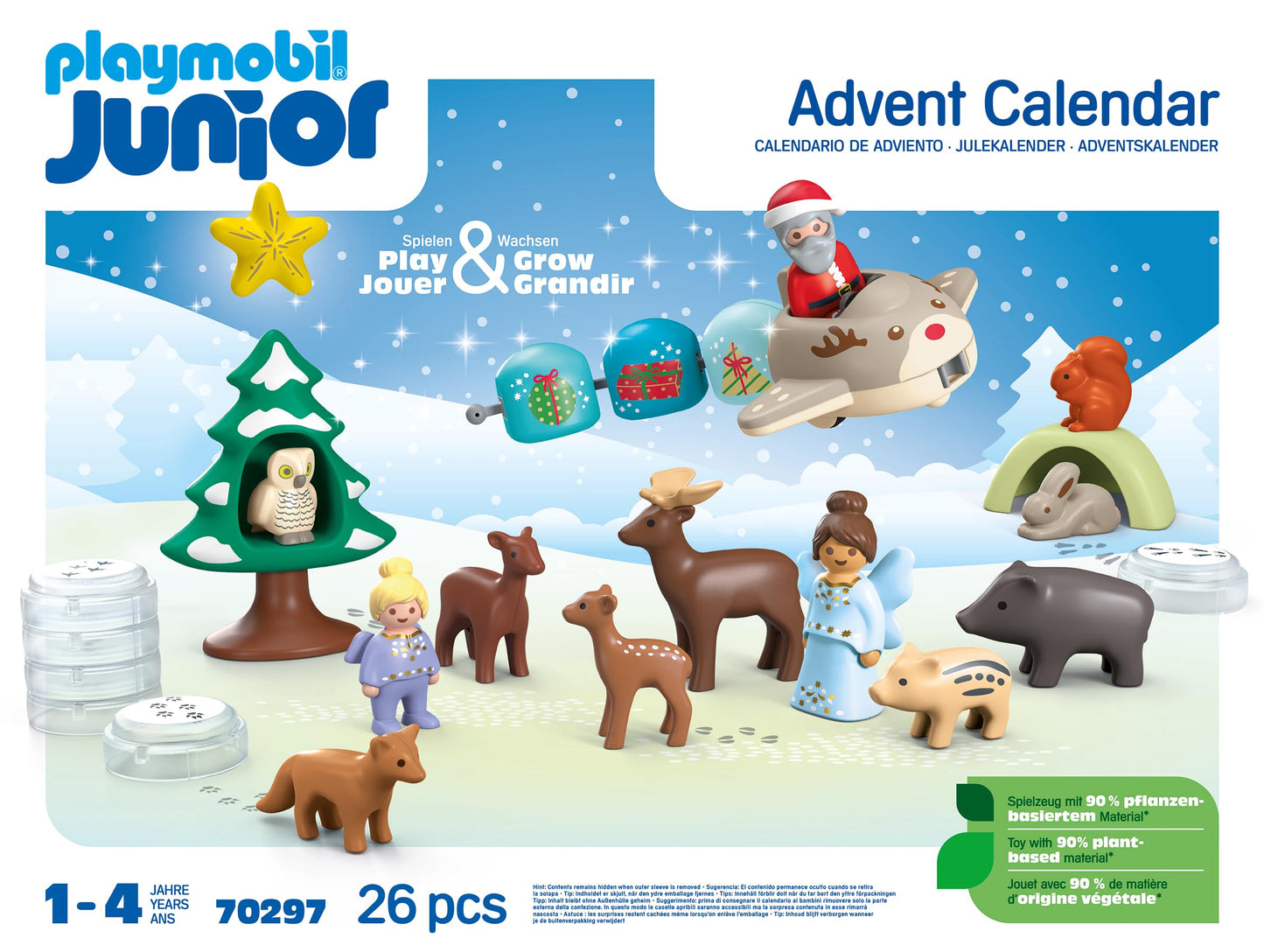 Playmobil 70297 Junior : Calendrier de l'Avent Junior Père Noël et Animaux de la forêt - avec 24 Portes excitantes - Jouet fabriqué à partir de matière d'origine végétale - Dès 12 Mois