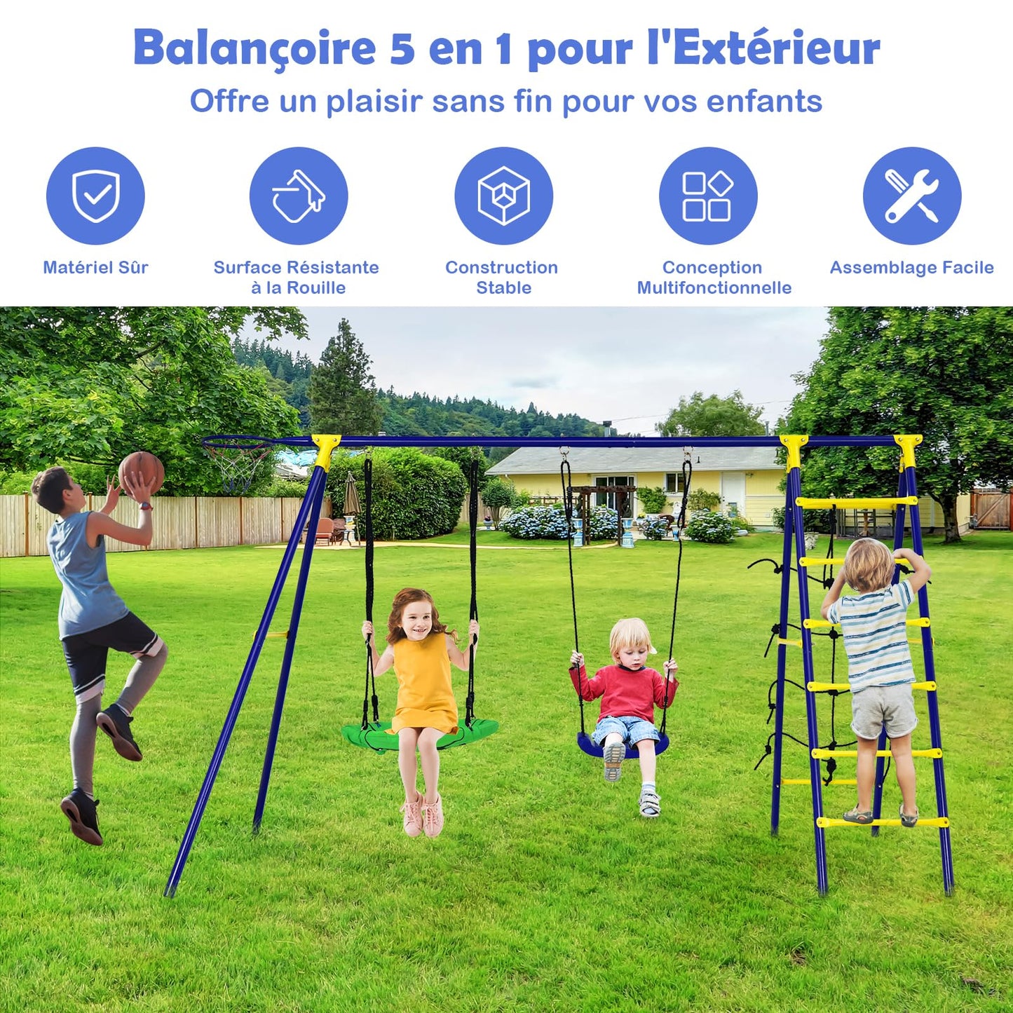 COSTWAY 5 en 1 Balançoire Enfants Extérieur avec Panier de Basket, Balançoire Nid d'Oiseau Ø66 cm et en U avec Hauteur Réglable, Filet & Echelle d’Escalade, Charge 75kg pour 3-12 Ans