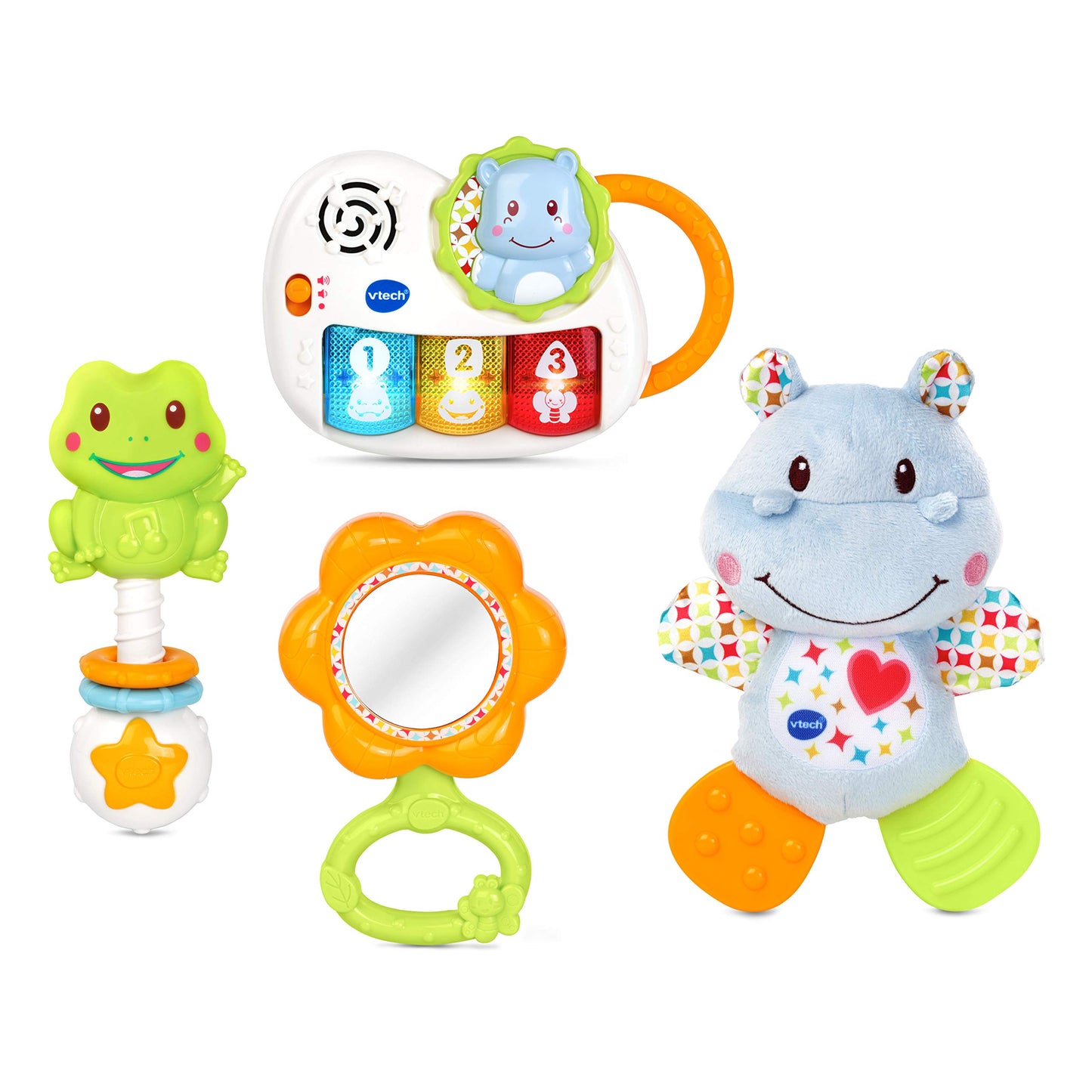 VTech - Coffret Naissance Éveil des Sens Bleu, Premiers Jouets Bébé, Doudou Hippo en Peluche, Piano Lumineux et Interactif, Hochets Grenouille et Miroir, Cadeau Nouveau-Né - Contenu en Français