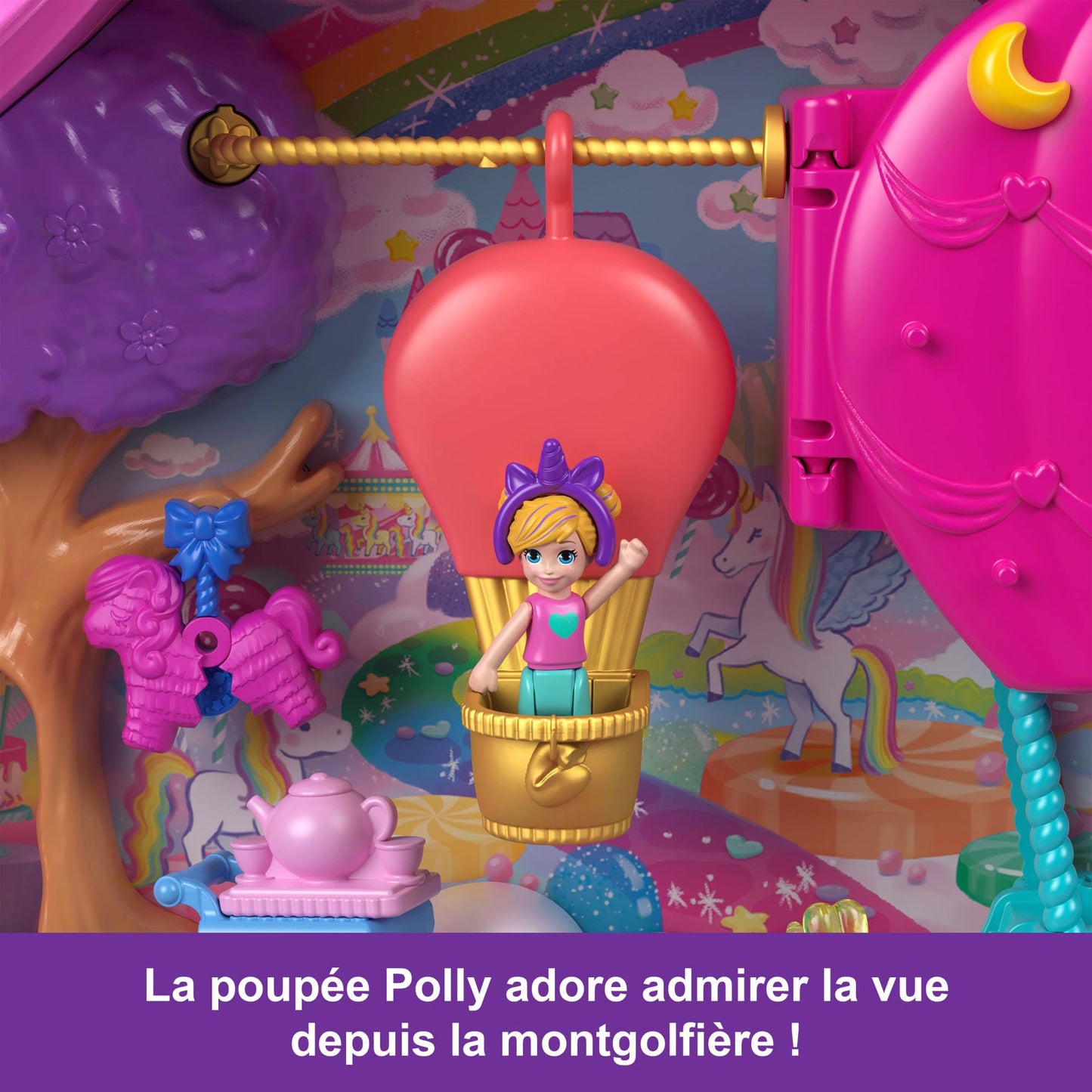 Polly Pocket Les licornes font la fête Coffret et poupées avec animaux de compagnie et plus de 25 accessoires surprises, ballade en montgolfière, HYD96