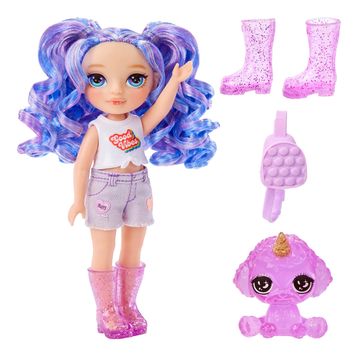 Rainbow High Littles - Amethyst Willow - Petite Poupée Mannequin Articulée - Poupée Mauve de 14 cm avec Sac à Main et Chien Magique - Convient aux Enfants et aux Collectionneurs