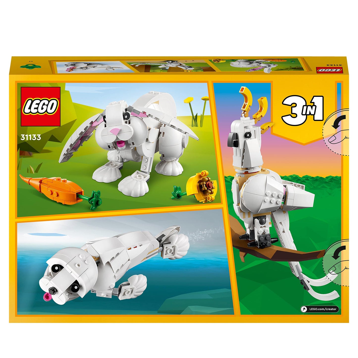 LEGO Creator 3-en-1 31133 Le Lapin Blanc, Jouet avec Animaux, Dont Figurines de Poisson, Phoque et Perroquet, Construction pour Enfants Dès 8 Ans