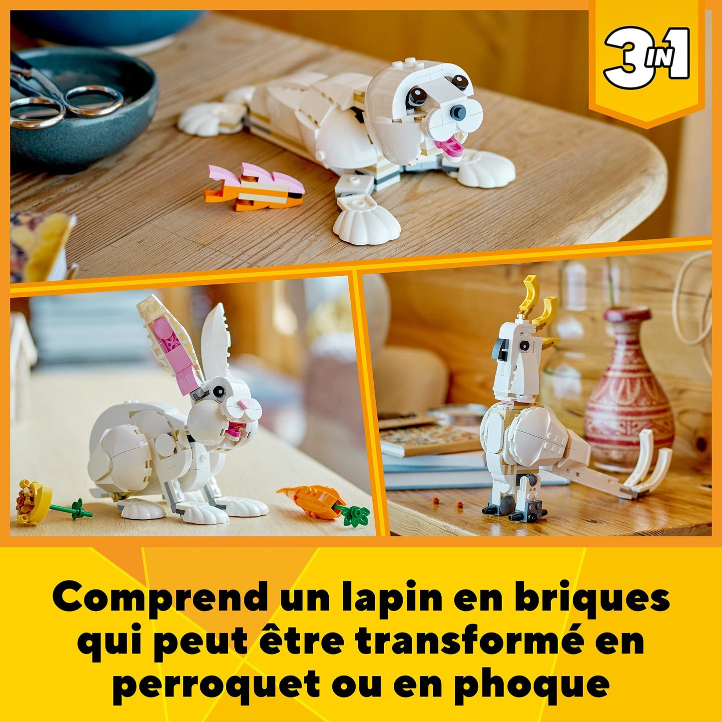 LEGO Creator 3-en-1 31133 Le Lapin Blanc, Jouet avec Animaux, Dont Figurines de Poisson, Phoque et Perroquet, Construction pour Enfants Dès 8 Ans