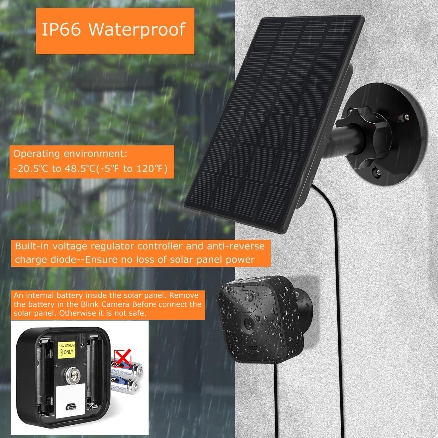 Panneau solaire pour caméra Blink d'extérieur,2W Panneau solaire pour caméra Blink d'extérieur,Caméra Blink XT2/XT&SimpliSafe(Non inclus),IP66 Blink d'extérieur(3rd Gen) avec connecteur en caoutchouc