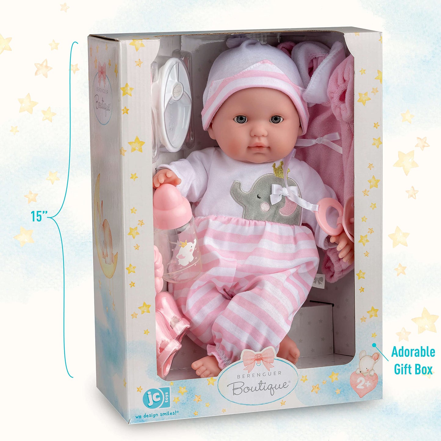 JC TOYS Berenguer Boutique-Poupée Nouveau-né, 38 cm, Corps Mou, avec Accessoires. Robe Peut Varier.