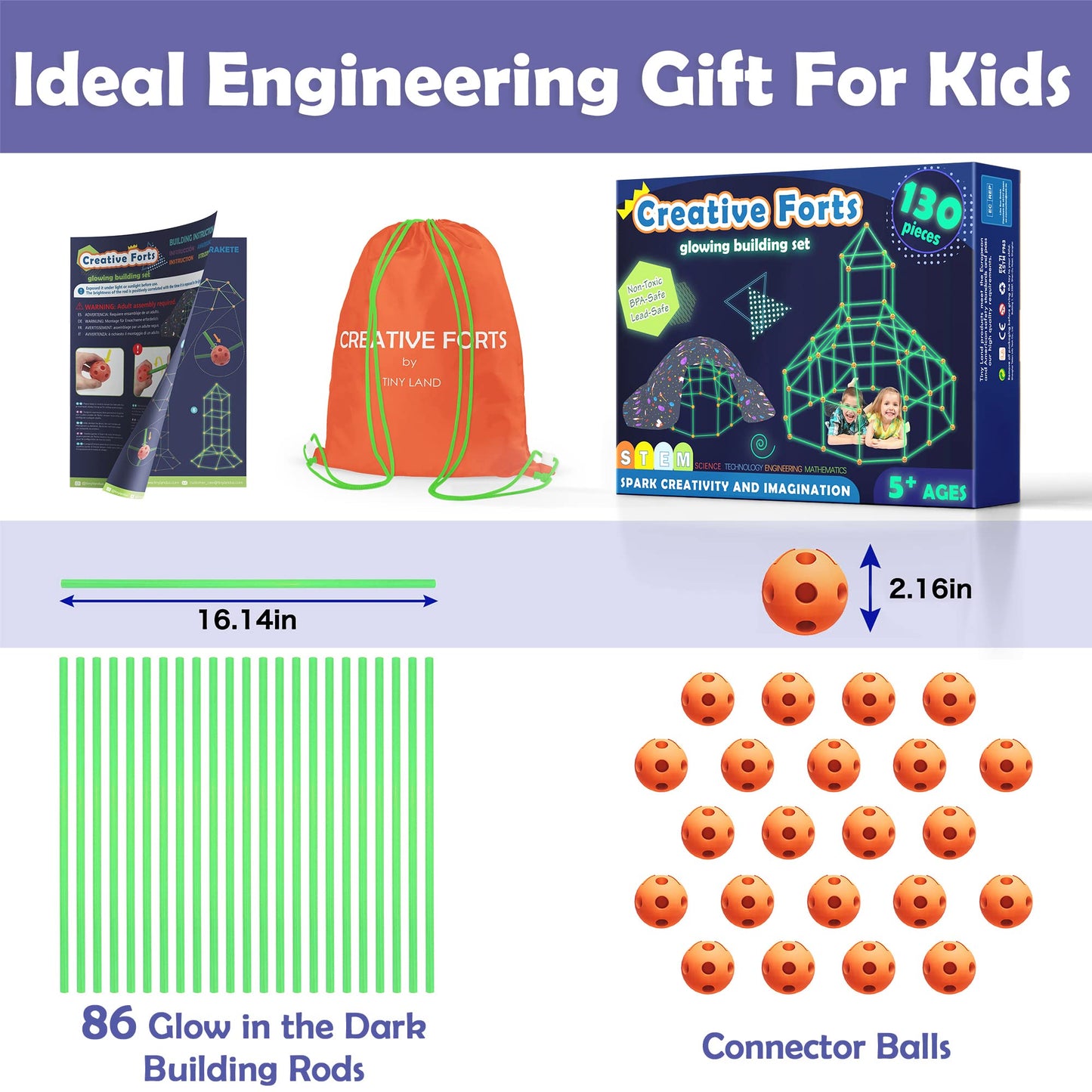 Kit de Construction de Fort pour Enfants - Brillent dans Le Noir 130 PCS Jouet Fort créatif pour garçon et Fille de 5+ Ans - Jouets de Construction STEM Châteaux de DIY Tente de Jeu Tour de fusée