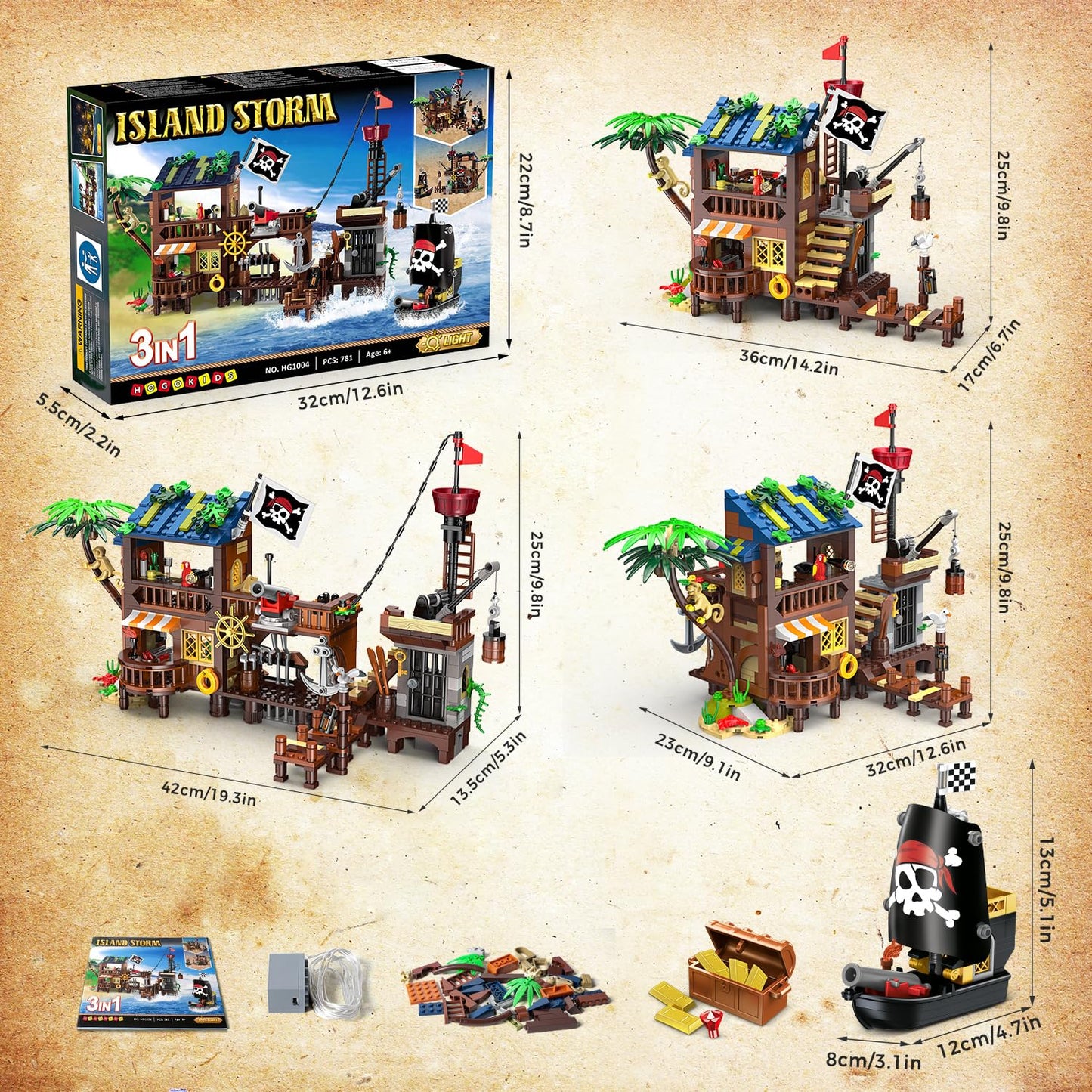 HOGOKIDS Pirate Bateau Maison Construction Ensemble avec LED lumière – 781 PCS Médiéval Pirate Quai Construction STEM D'architecture Briques Kit pour Enfants Garçons Filles Agés 6-12+