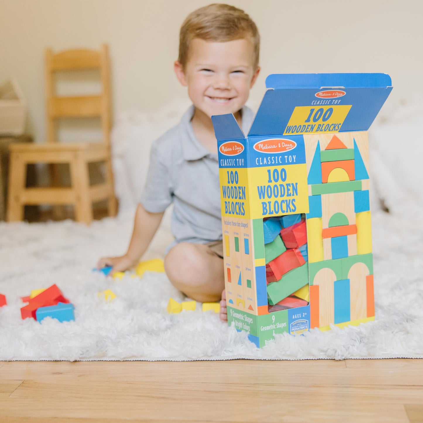 Melissa & Doug Blocs de Construction en Bois, Jouet Éducatif pour les Enfants, 100 Blocs Colorés de Formes et Tailles Différentes, Jeux d'éveil, Cadeau pour garçons et filles de 3 4 5 6 7 ans