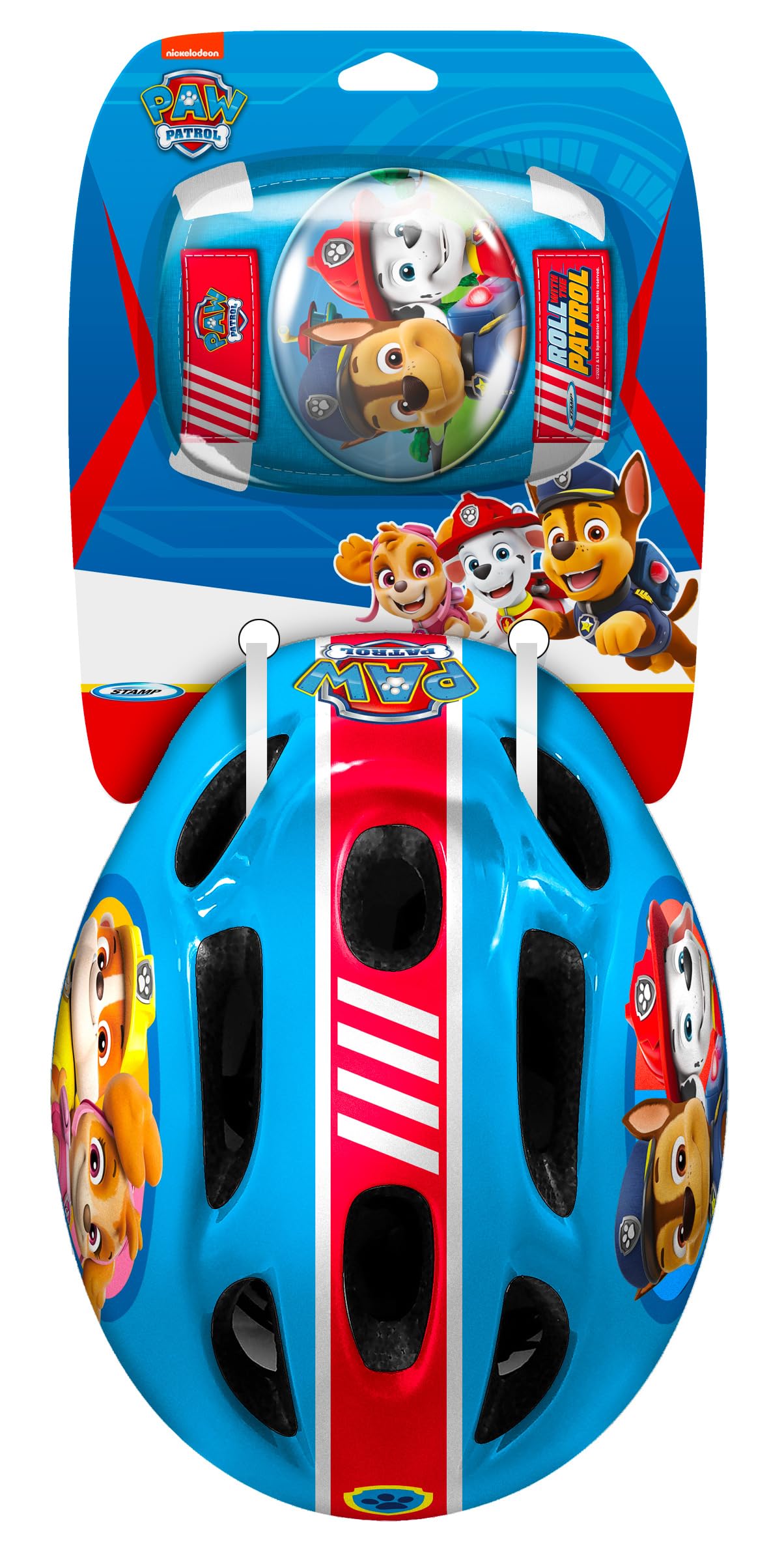 STAMP PA450507 Combo Paw Patrol (Casque + Genouillères & Coudières) Jeunesse Unisexe, Bleu-Rouge-Blanc, 50-56 cm