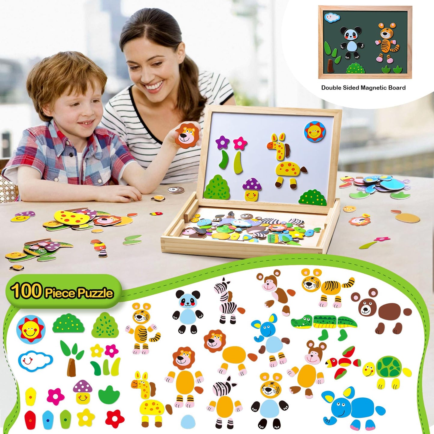 Uping Puzzles en Bois Magnétique 100 Pièces, Tableau Double Face Aimanté, Planche à Dessin Stylos Colorés Craies, Jouet Educatif Enfant 3 Ans Plus