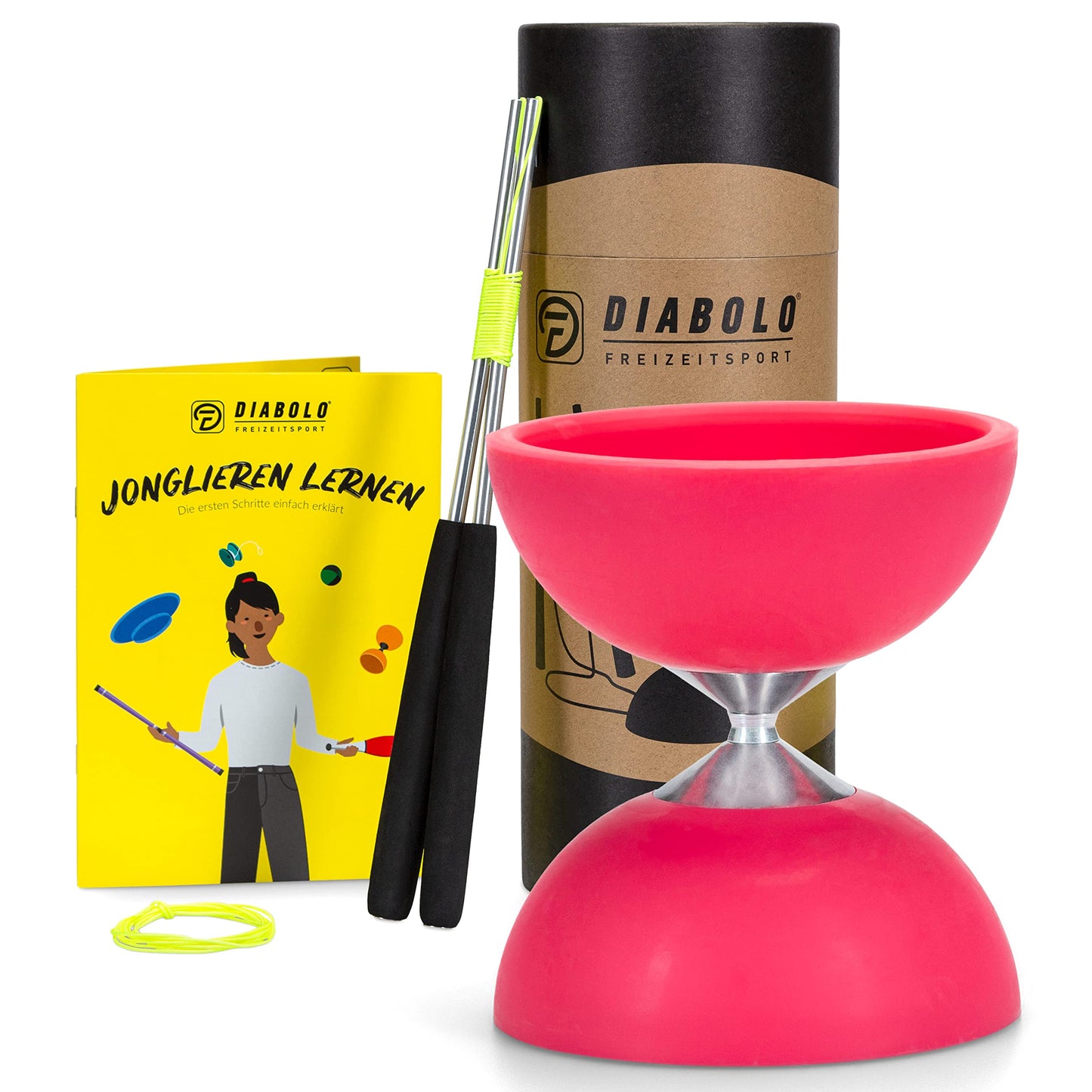 Diabolo Freizeitsport Set de Jonglage pour Débutants avec Diabolo Basic (Rose) et Paire de Poi Lumineux UV (Rose)- Guide inclu (ENG/DE) - Idéal pour Cadeau