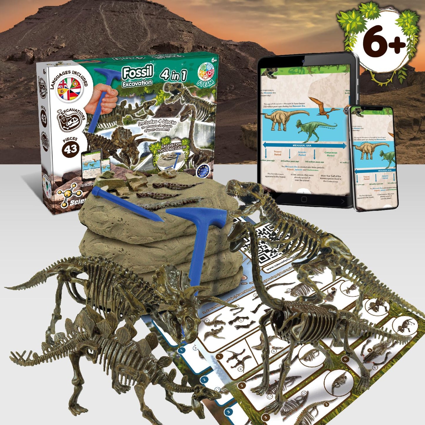 Science4you - Kit de Fouille de Fossiles 4 en 1 pour Enfants 5 6 7 8 9 10 Ans - Excaver et Assembler 4 Dinosaures: T-Rex, Triceratops, Velociraptor et Stegosaurus - Jouet Idéal pour Filles et Garçons