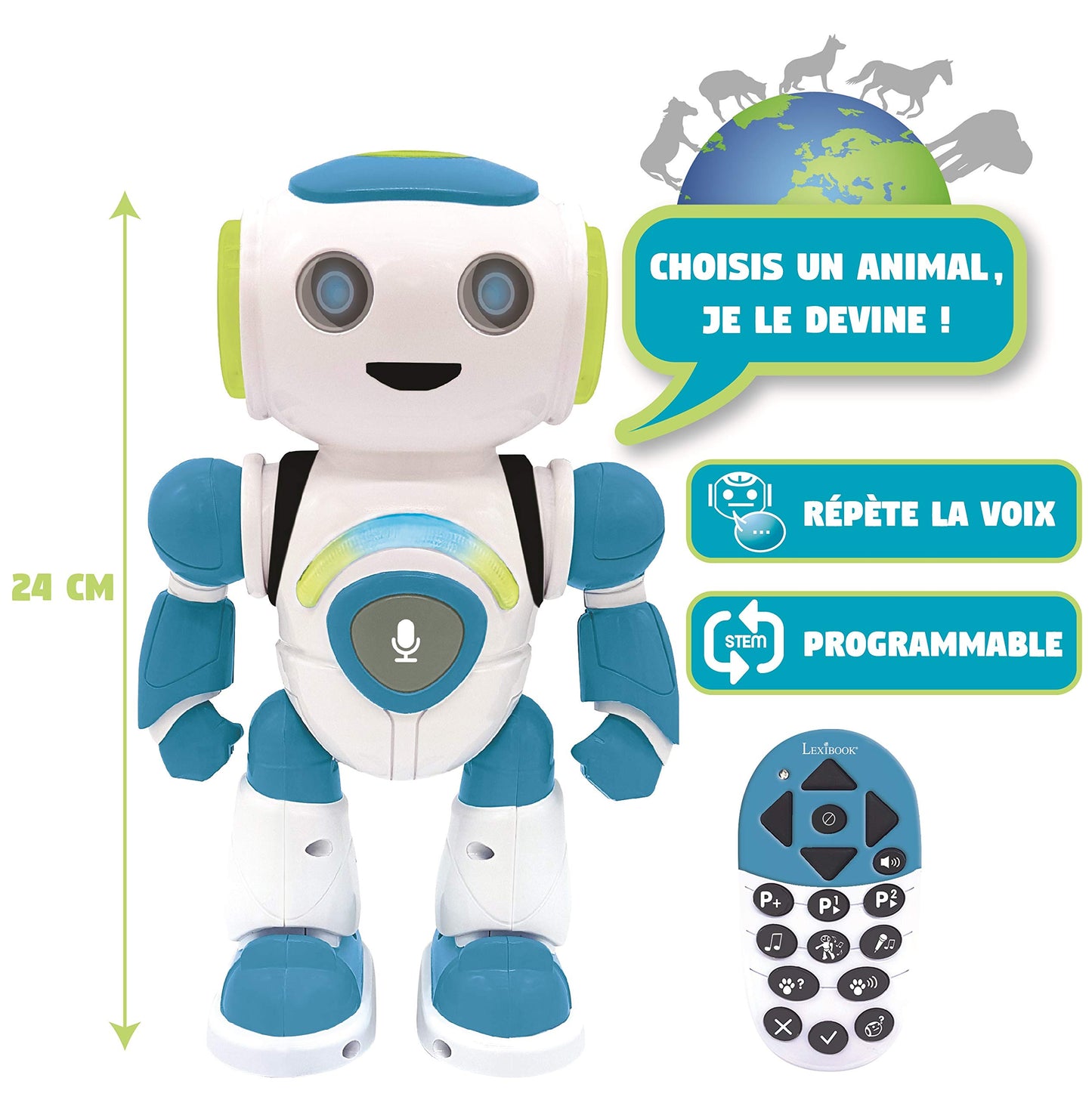 Lexibook ROB20FR Junior Robot intelligent qui lit les pensées, jouet pour enfants, danse, joue de la musique, quiz, animaux, karaoké programmable, STEM, bleu/vert, (version française)