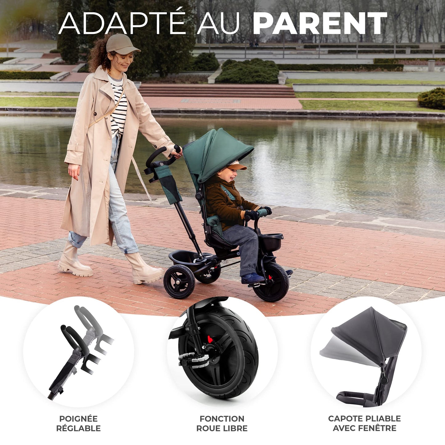 Kinderkraft AVEO Tricycle Bébé Évolutif, Draisienne Évolutif, Trike Bebe, Velo Poussette Bebe Évolutif, Velo Enfant 5 Ans, De 9 Mois, Pliable, Facile À Plier, Accessoires Pratiques, Gris