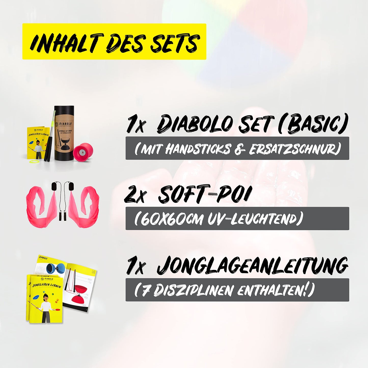 Diabolo Freizeitsport Set de Jonglage pour Débutants avec Diabolo Basic (Rose) et Paire de Poi Lumineux UV (Rose)- Guide inclu (ENG/DE) - Idéal pour Cadeau