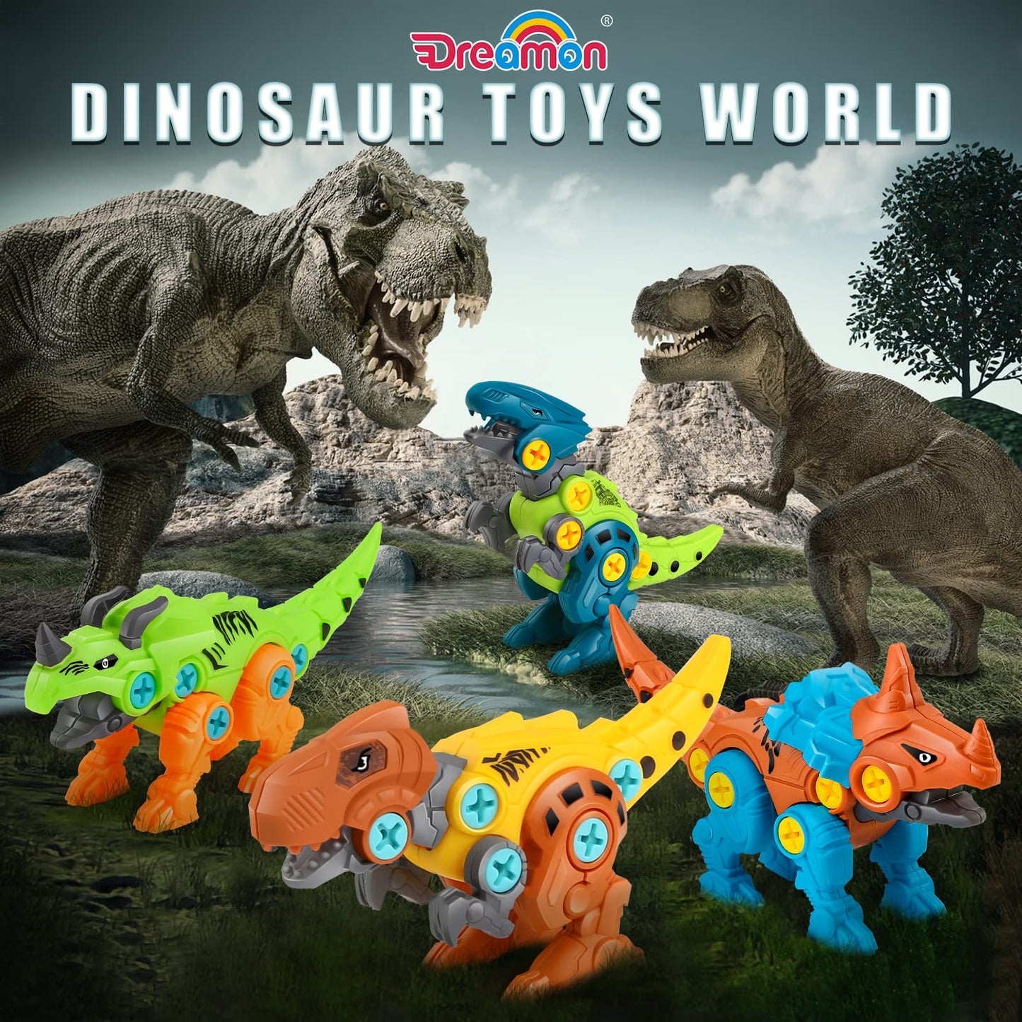Dreamon Dinosaure Jouet Enfant Garcon 4 5 7 Ans, avec Boîte de Rangement Perceuse Électrique, DIY Construction Puzzle Jouet Cadeau pour Garçons Filles