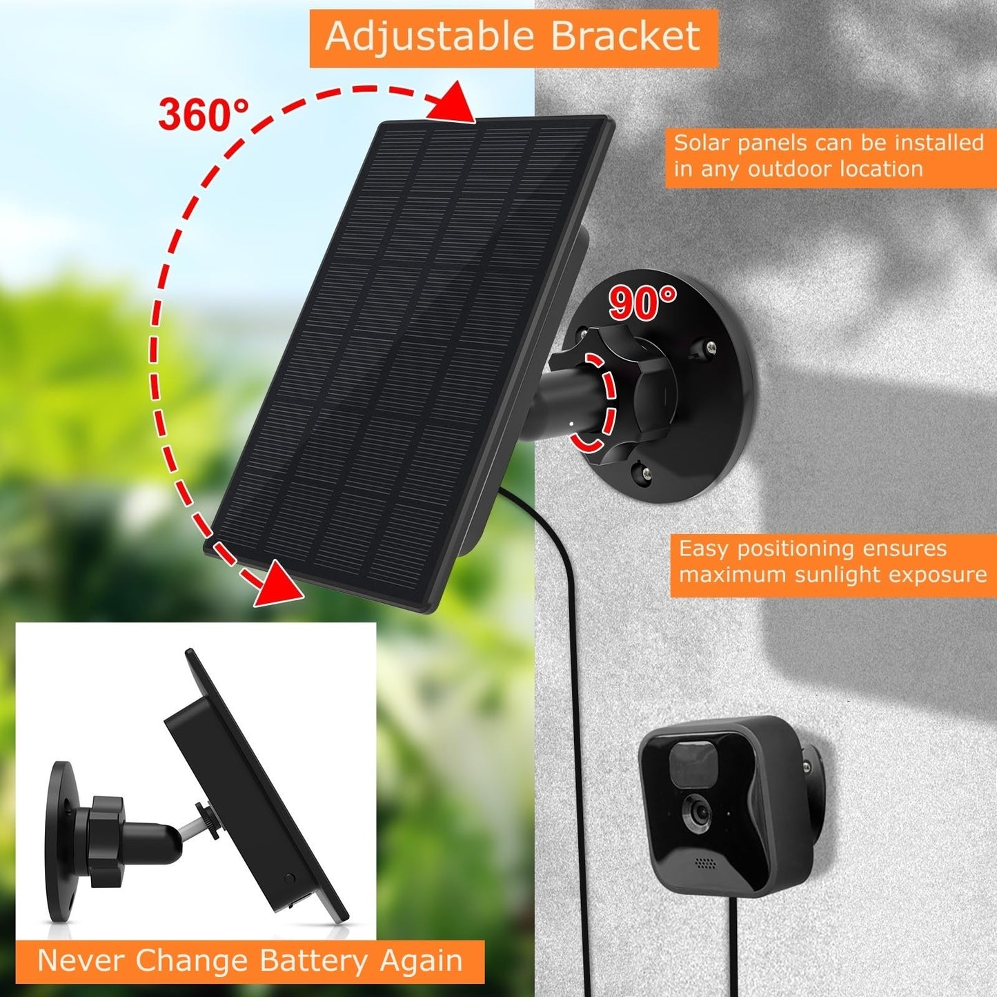 Panneau solaire pour caméra Blink d'extérieur,2W Panneau solaire pour caméra Blink d'extérieur,Caméra Blink XT2/XT&SimpliSafe(Non inclus),IP66 Blink d'extérieur(3rd Gen) avec connecteur en caoutchouc