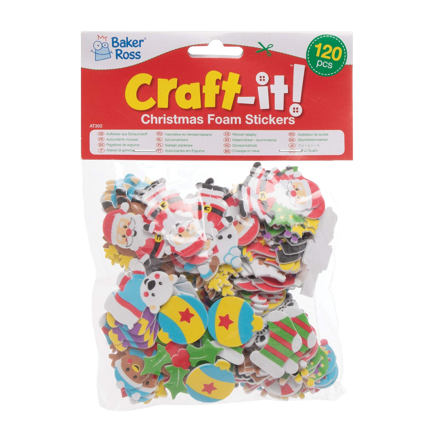 Baker Ross AT302 Autocollants en Mousse à Paillettes motif Noel - Lot de 120, Autocollants pour Enfants, Parfait pour le Scrapbooking, Fournitures et Loisirs Creatifs pour les Enfants