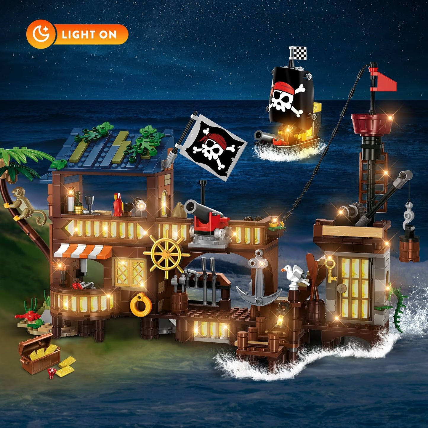 HOGOKIDS Pirate Bateau Maison Construction Ensemble avec LED lumière – 781 PCS Médiéval Pirate Quai Construction STEM D'architecture Briques Kit pour Enfants Garçons Filles Agés 6-12+