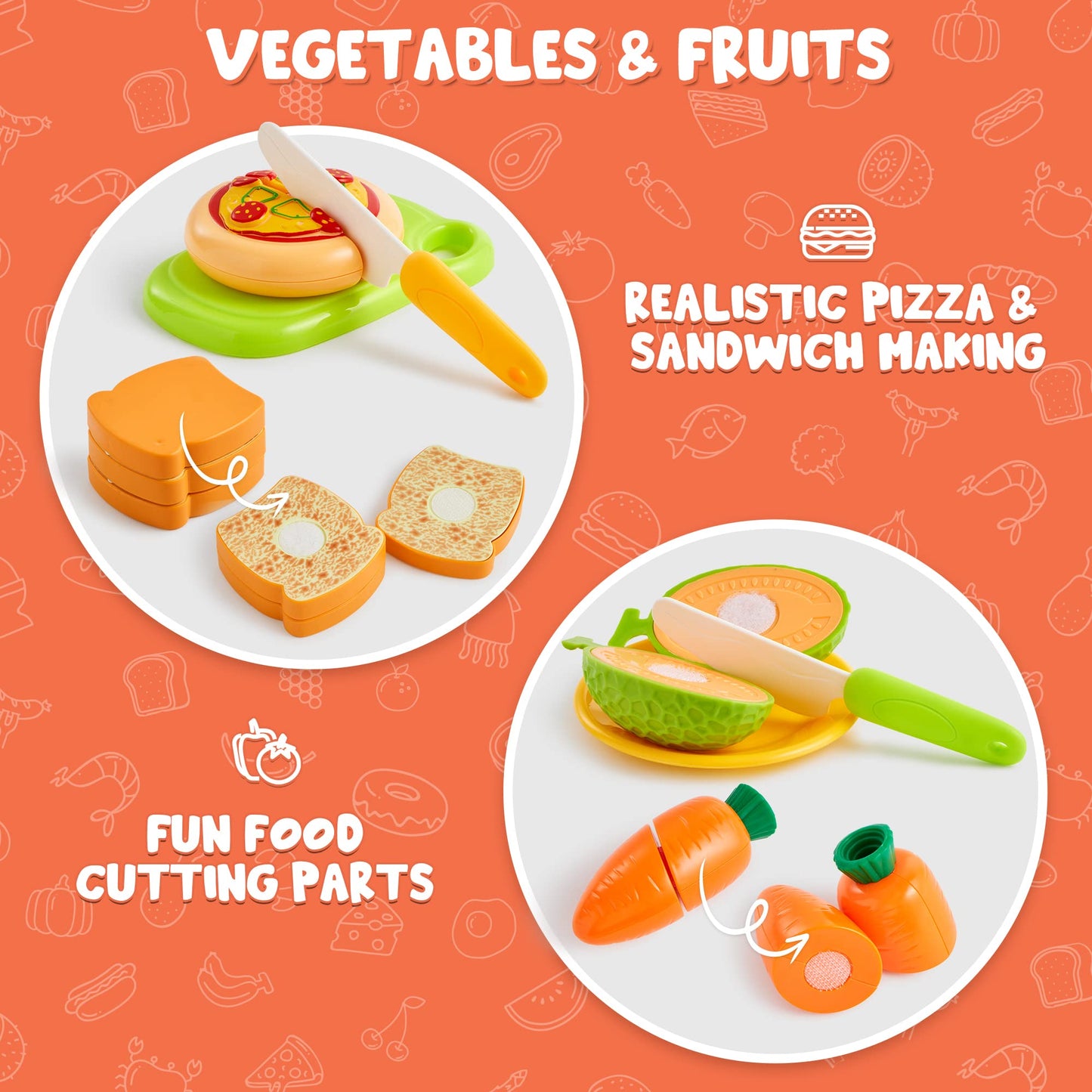 JOYIN Lot de 68 Jouets Alimentaires à découper pour la Cuisine des Tout-Petits, Faux Aliments pour la Cuisine, Comprend des Fruits et légumes en Plastique, des Cadeaux pour Tout-Petits